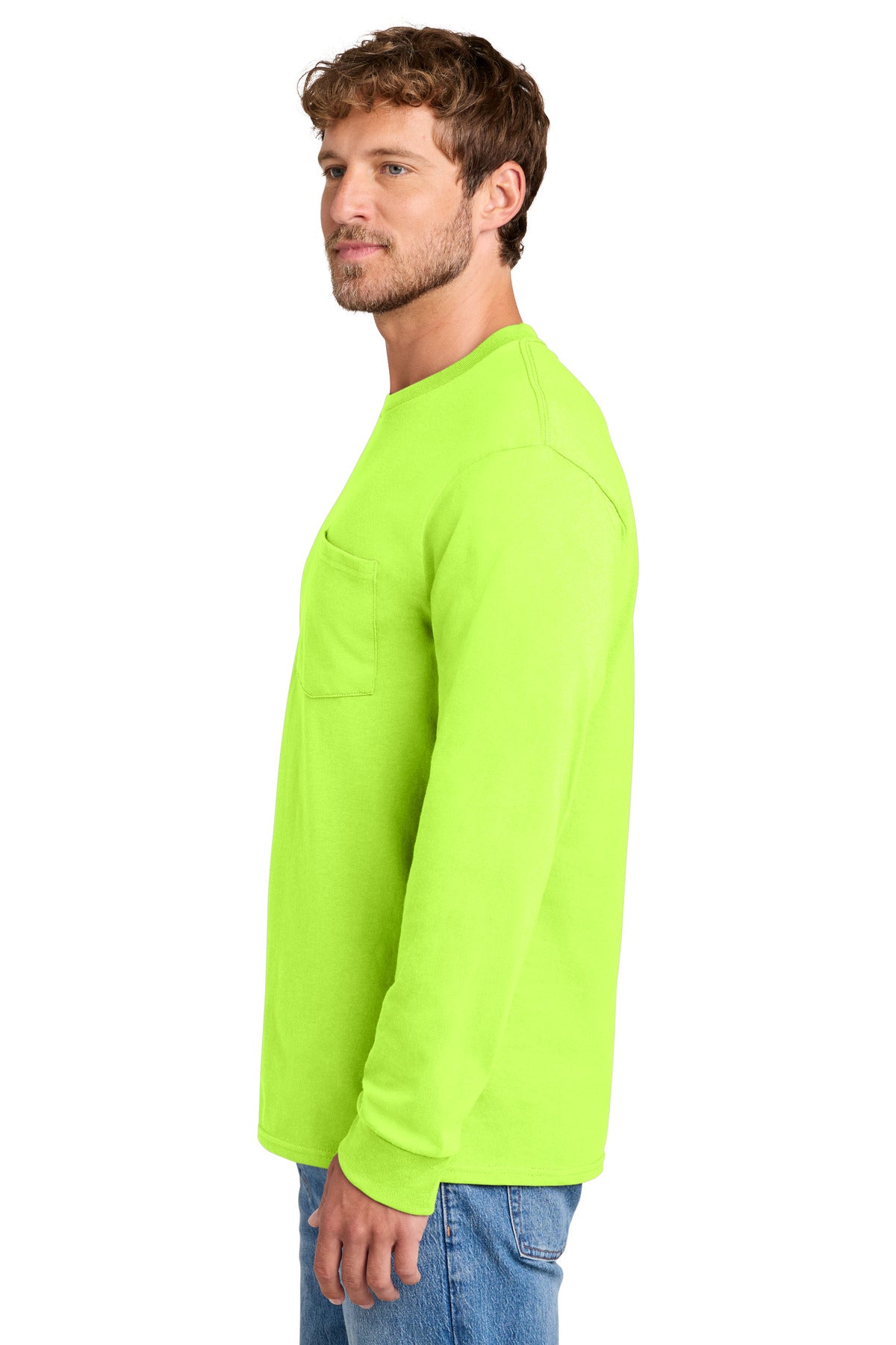 Port & Co Long Sleeve Essential Pocket Tee. PC61LSP - S. Green - side