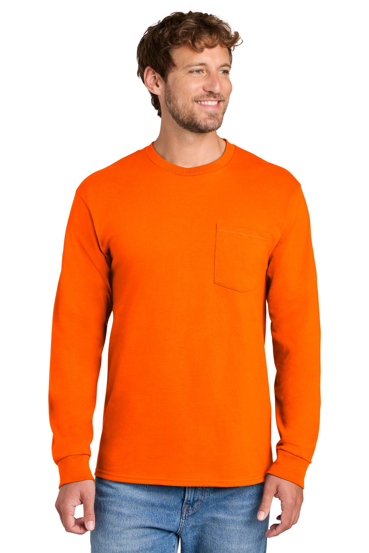 Port & Co Long Sleeve Essential Pocket Tee. PC61LSP - S. Orange - front