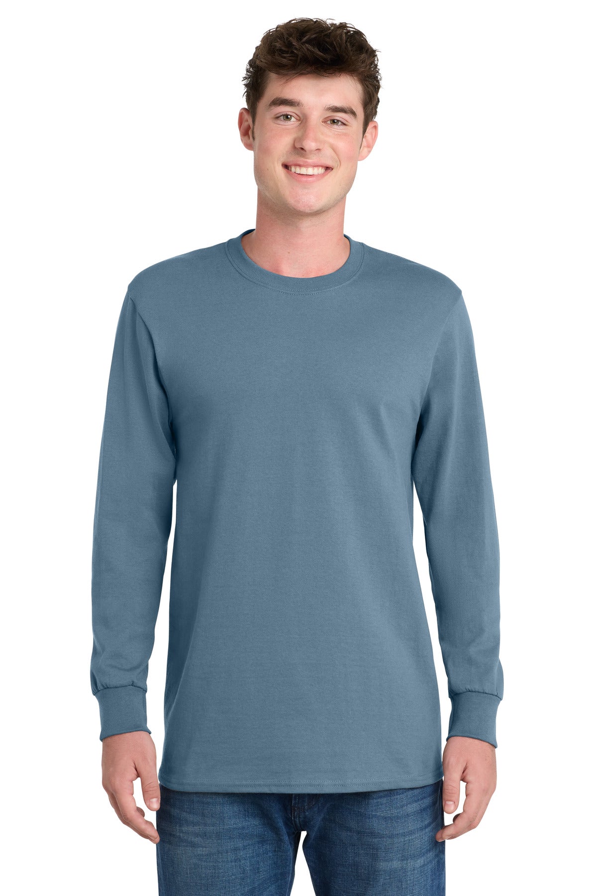 Port & Co Tall Long Sleeve Essential Tee. PC61LST - Stonewashed Blue - front
