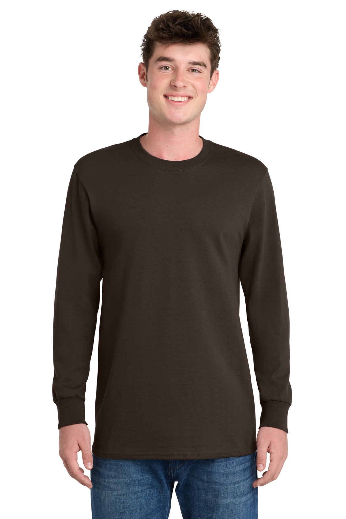 Port & Co Long Sleeve Essential Tee. PC61LS - Dark Chocolate Brown - front