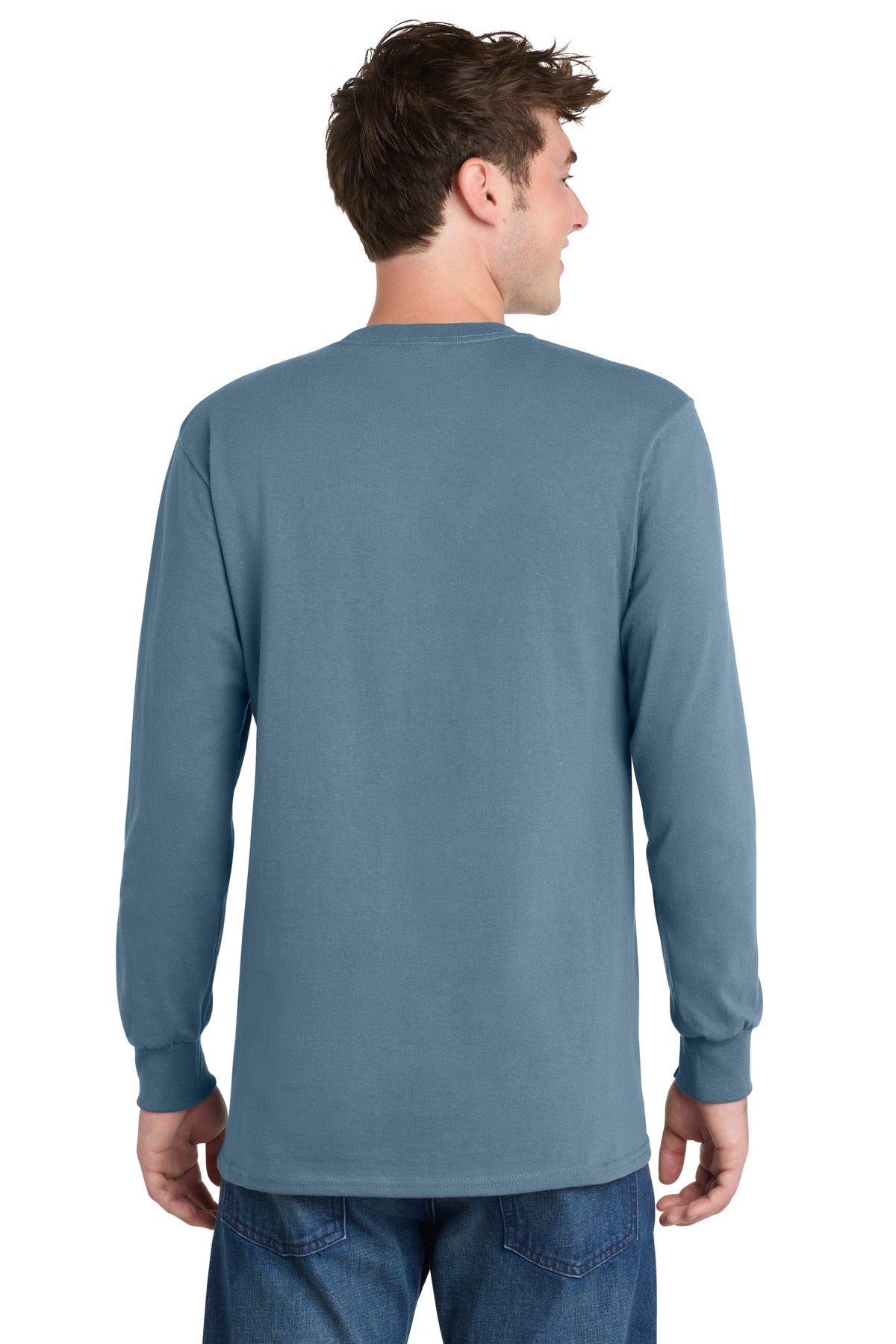 Port & Co Long Sleeve Essential Tee. PC61LS - Stonewashed Blue - back