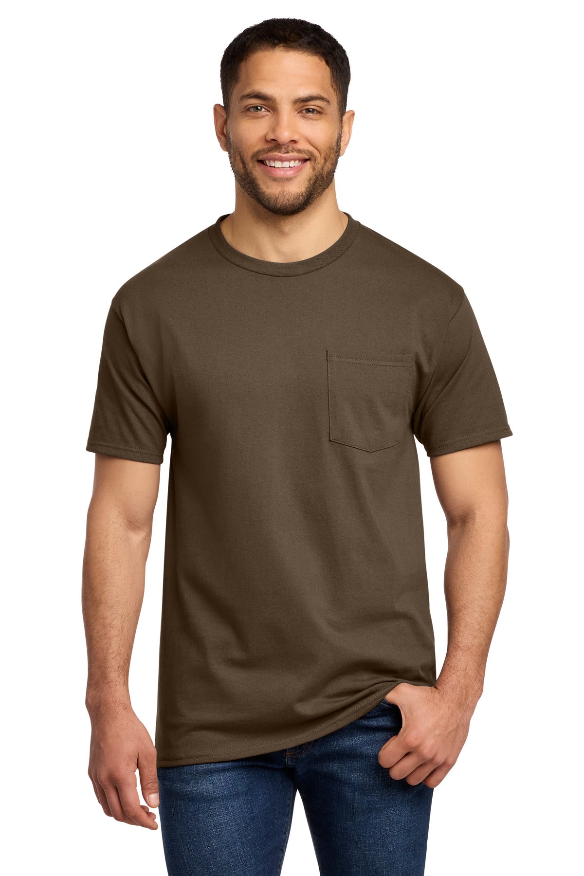 Port & Co Essential Pocket Tee. PC61P - Brown - front