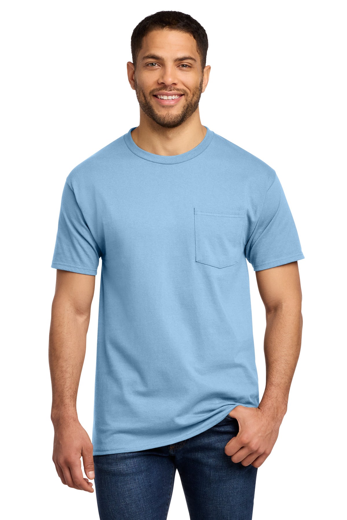 Port & Co Essential Pocket Tee. PC61P - Light Blue - front