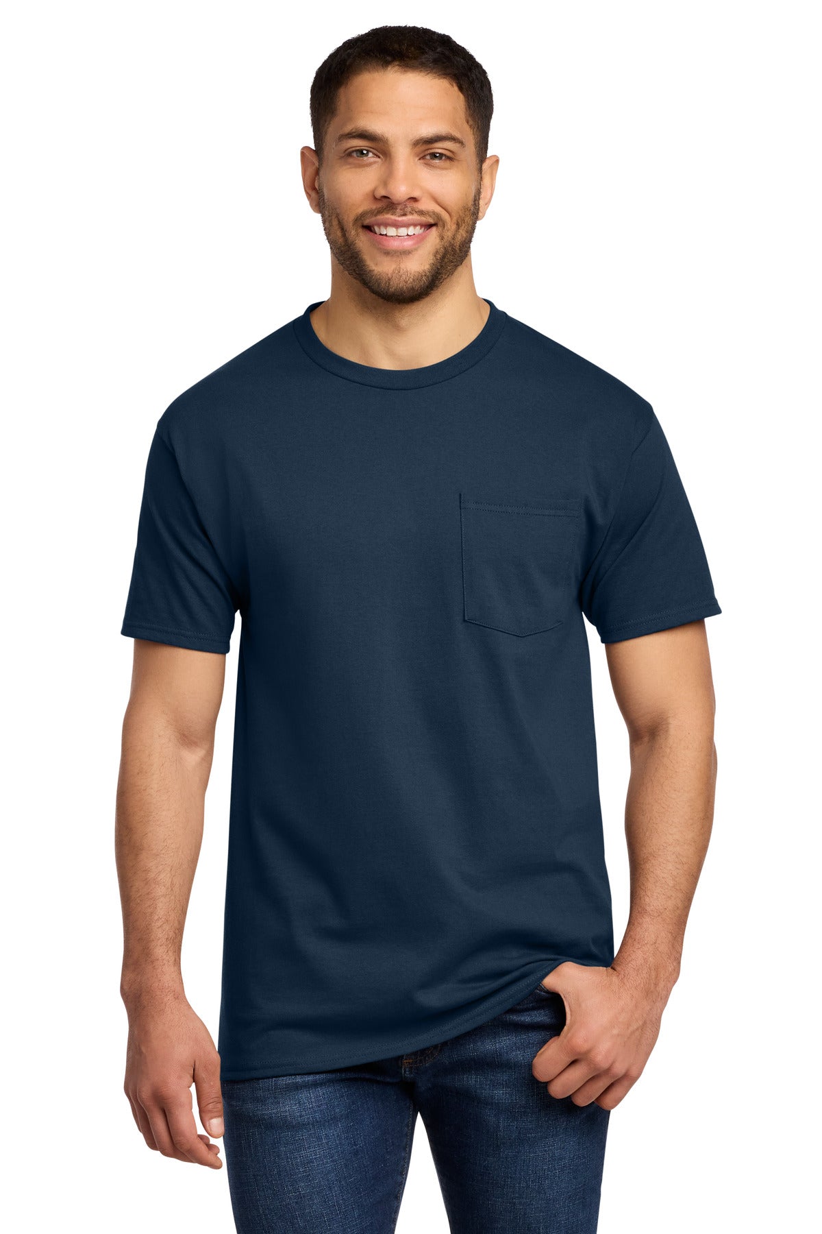 Port & Co Essential Pocket Tee. PC61P - Navy - front