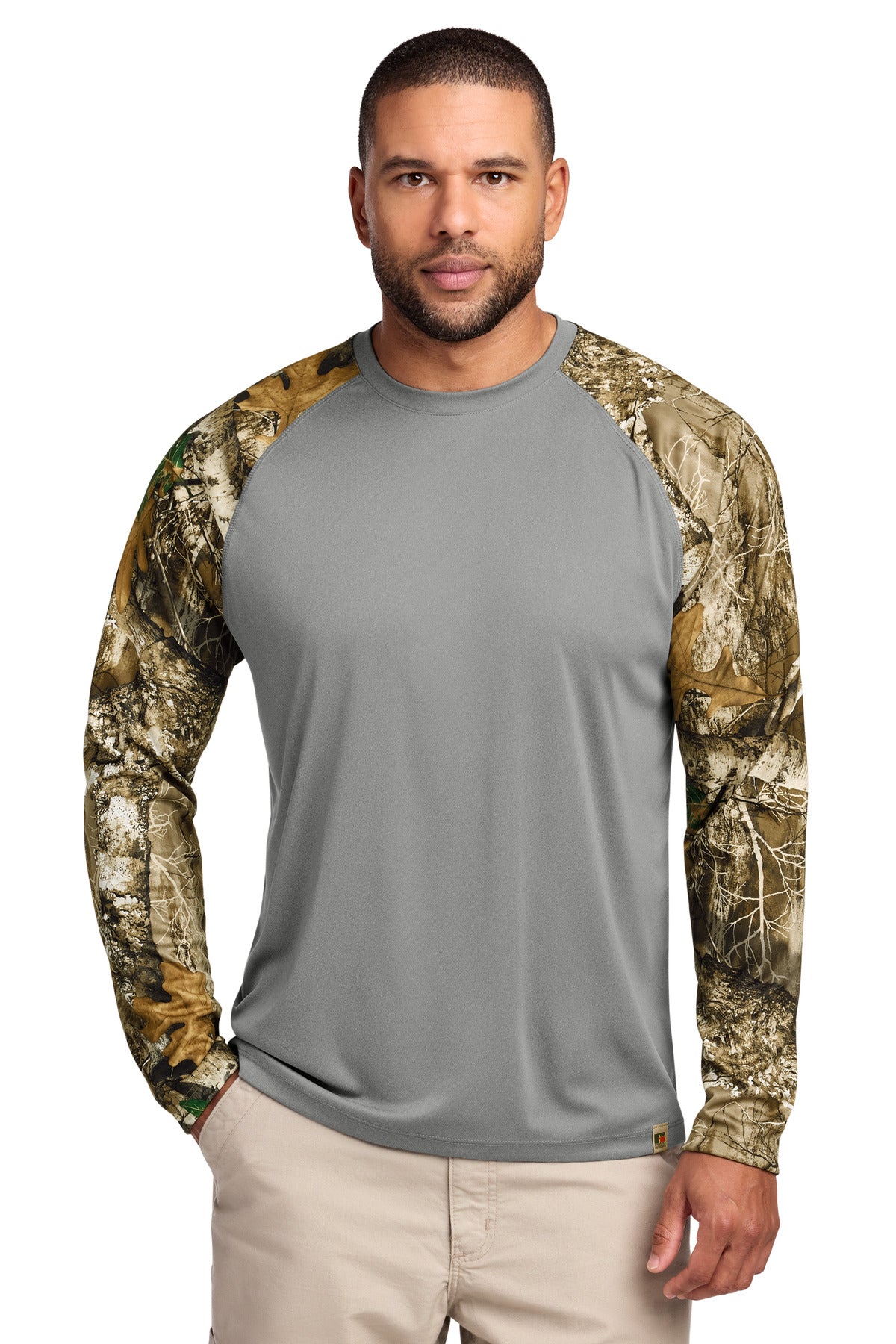 Russell Outdoors Realtree Colorblock Performance Long Sleeve Tee RU151LS - Grey Concrete Heather/ Realtree Edge - front
