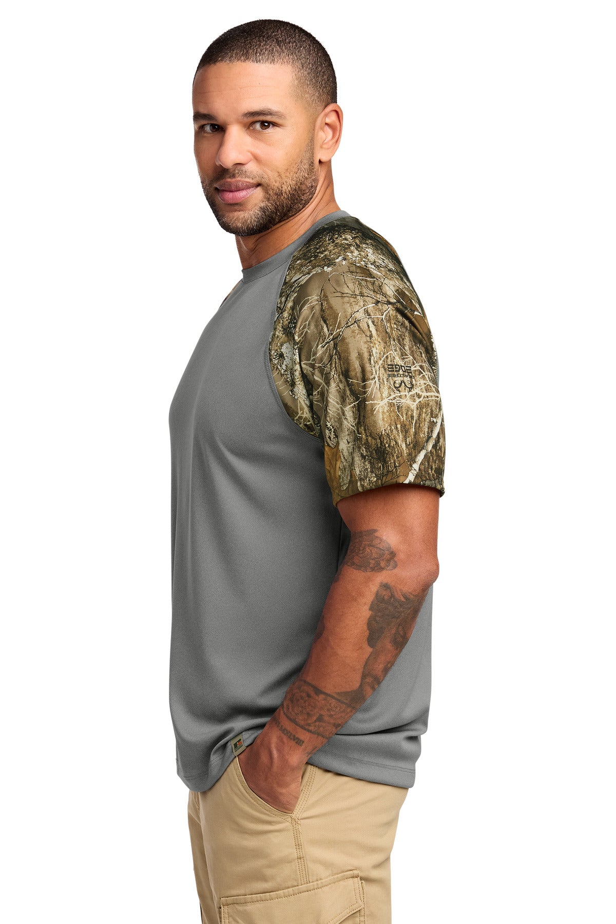 Russell Outdoors Realtree Colorblock Performance Tee RU151 - Grey Concrete Heather/ Realtree Edge - side