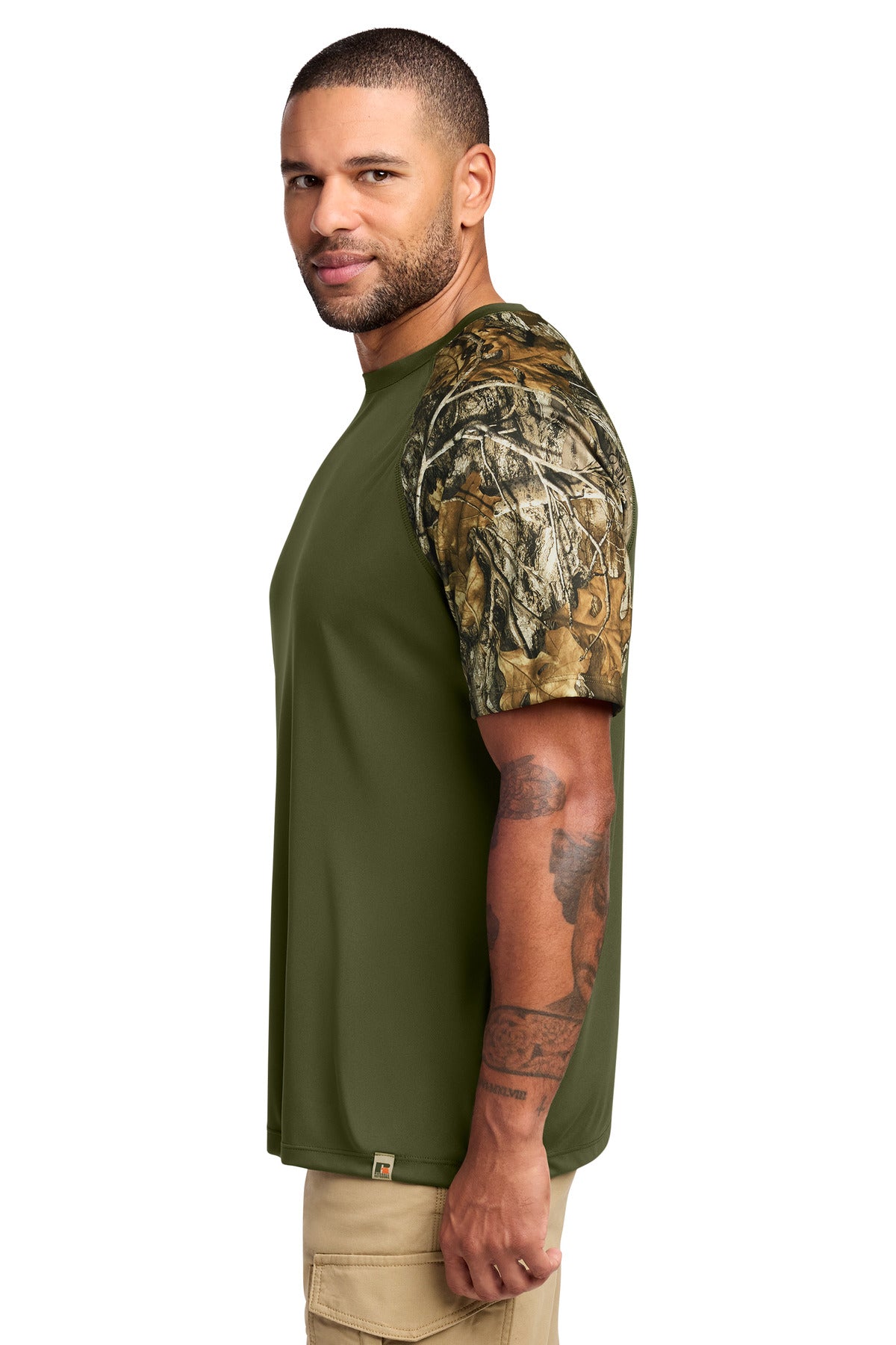 Russell Outdoors Realtree Colorblock Performance Tee RU151 - Olive Drab Green/ Realtree Edge - side