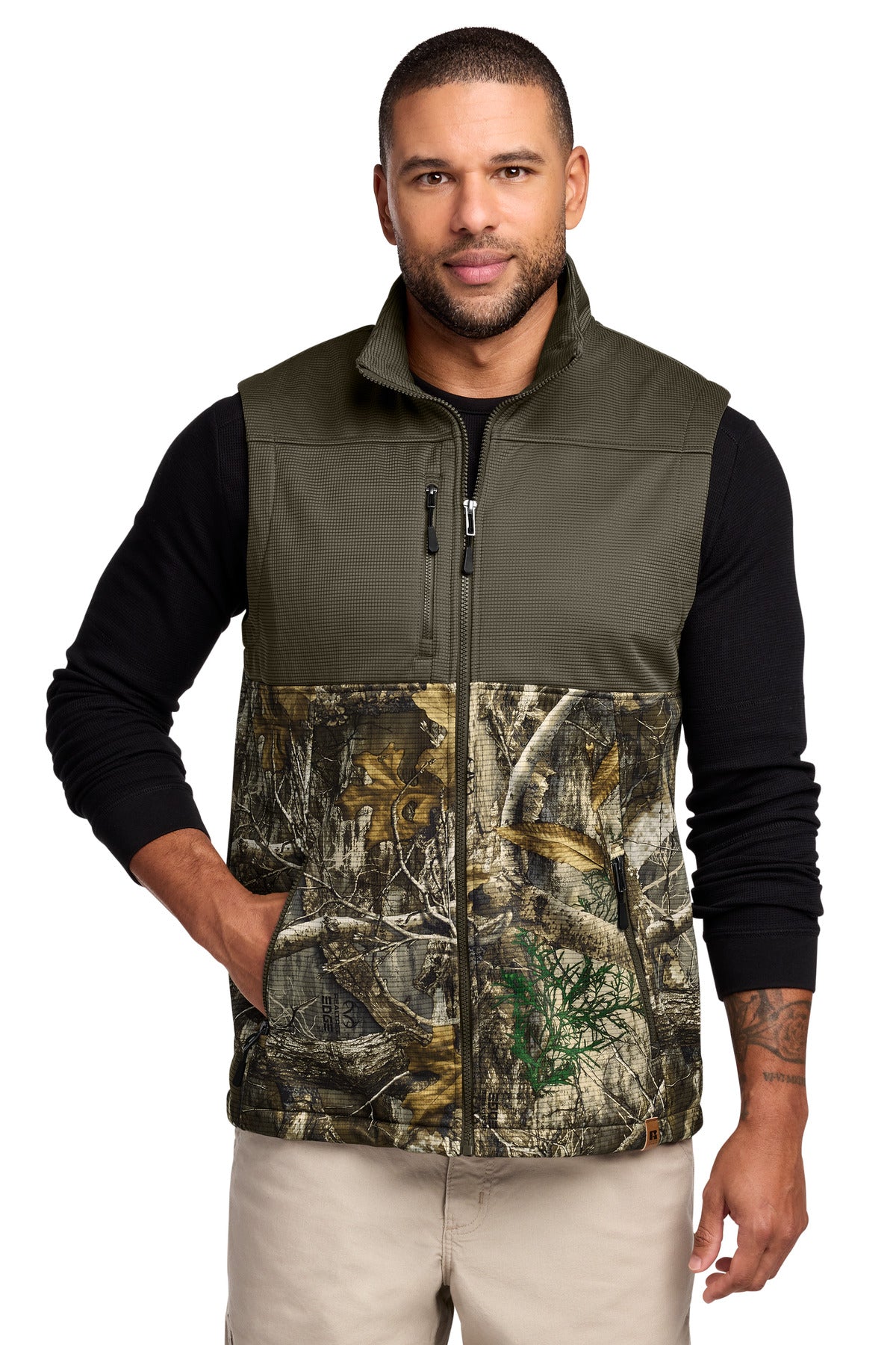 Russell Outdoors Realtree Atlas Colorblock Soft Shell Vest RU604 - Cargo Brown/ Realtree Edge - front