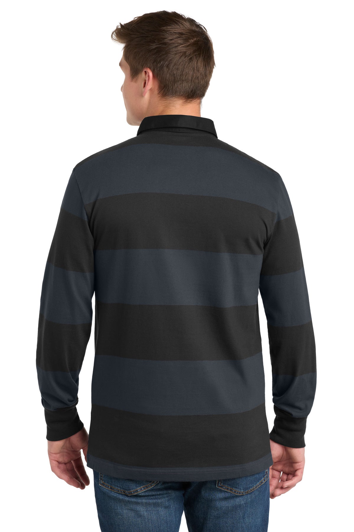 Sport-Tek Classic Long Sleeve Rugby Polo. ST301 - Black/ Graphite - back