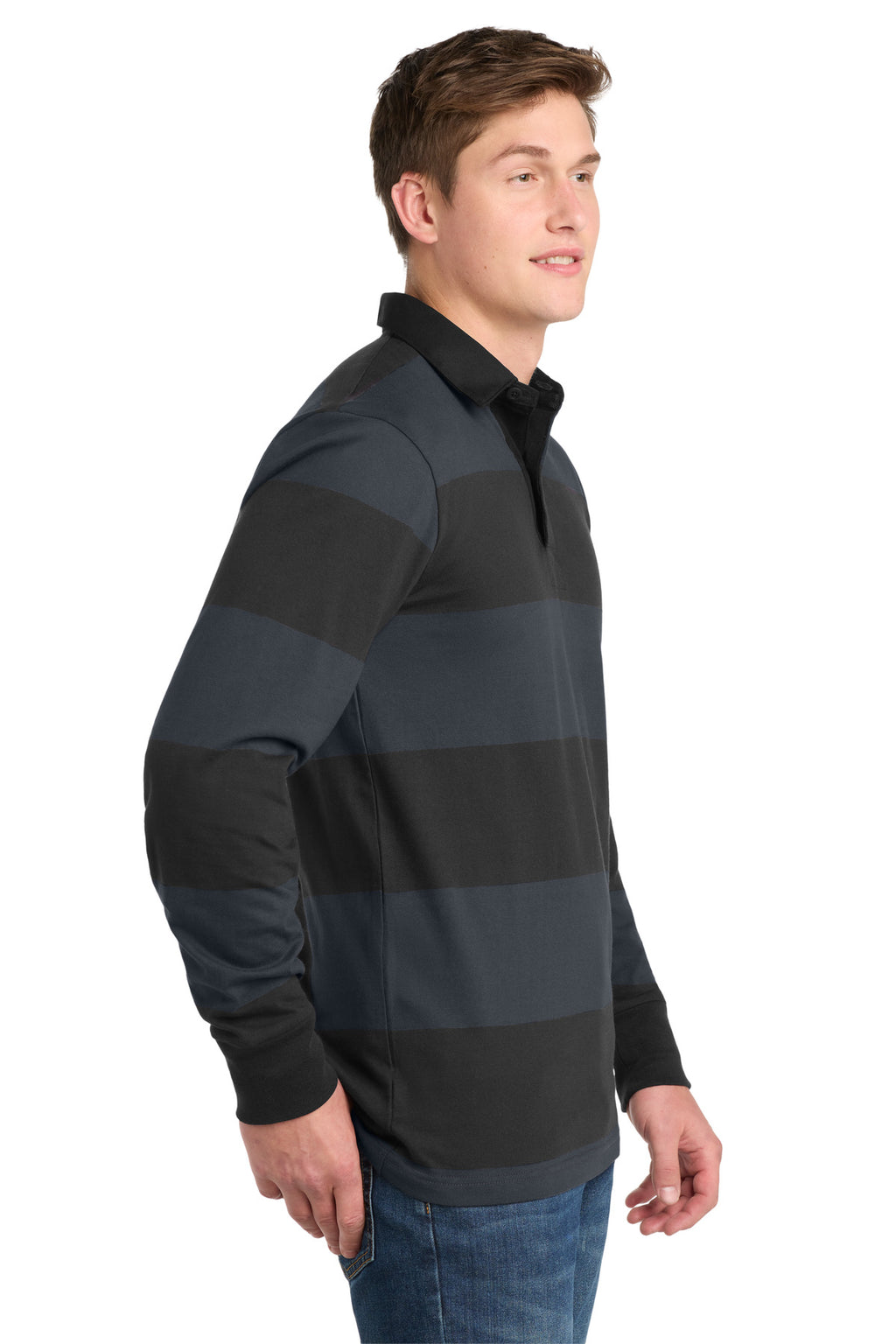 Sport-Tek Classic Long Sleeve Rugby Polo. ST301 - Black/ Graphite - side