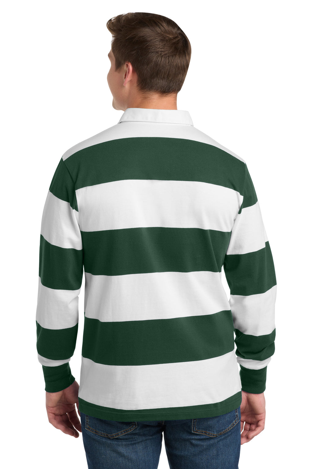 Sport-Tek Classic Long Sleeve Rugby Polo. ST301 - Forest Green/ White - back