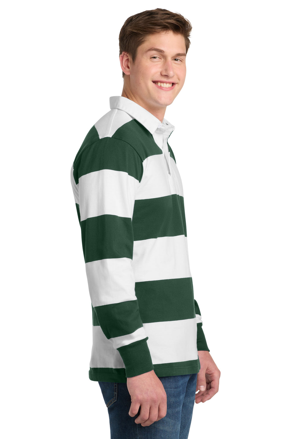 Sport-Tek Classic Long Sleeve Rugby Polo. ST301 - Forest Green/ White - side