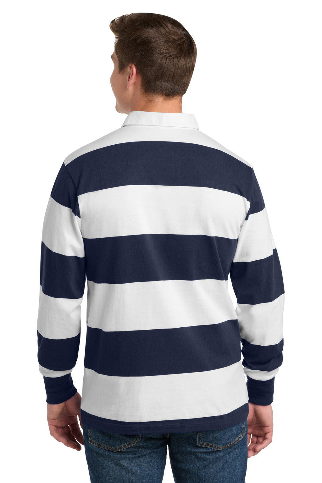 Sport-Tek Classic Long Sleeve Rugby Polo. ST301 - True Navy/ White - back