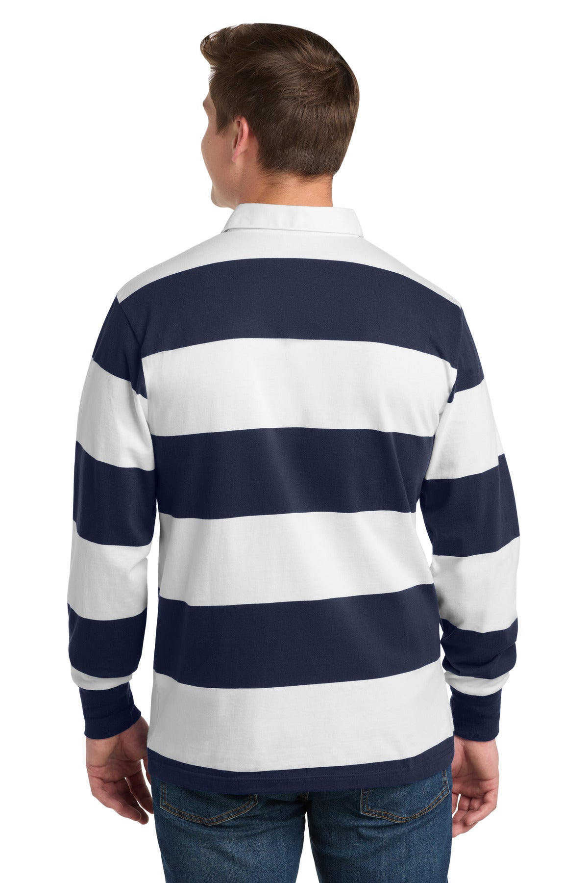 Sport-Tek Classic Long Sleeve Rugby Polo. ST301 - True Navy/ White - back