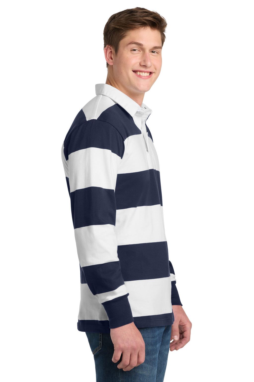Sport-Tek Classic Long Sleeve Rugby Polo. ST301 - True Navy/ White - side