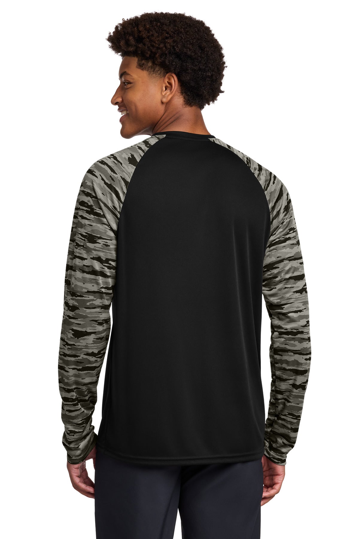 Sport-Tek Drift Camo Colorblock Long Sleeve Tee ST376LS - Black - back