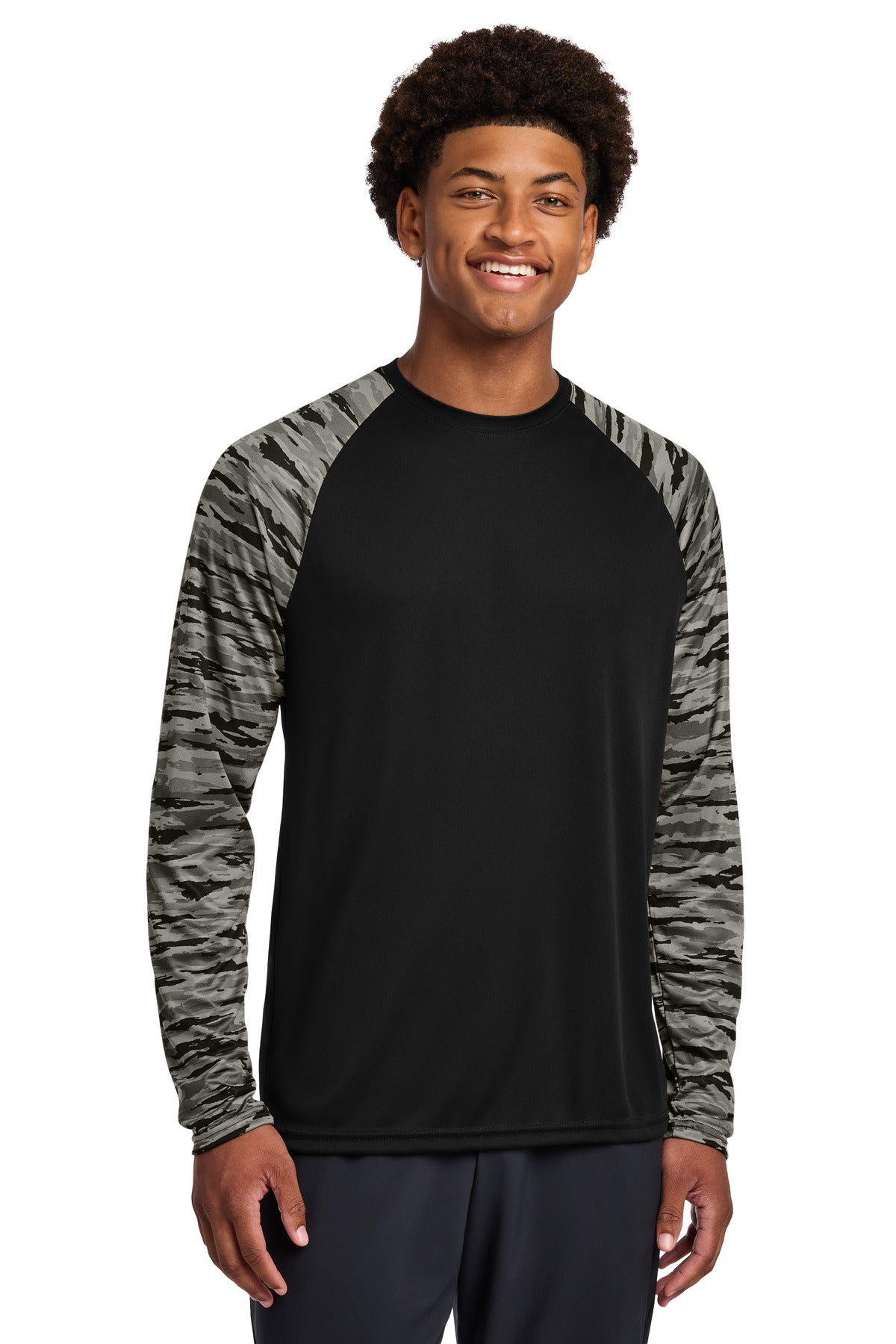 Sport-Tek Drift Camo Colorblock Long Sleeve Tee ST376LS - Black - front