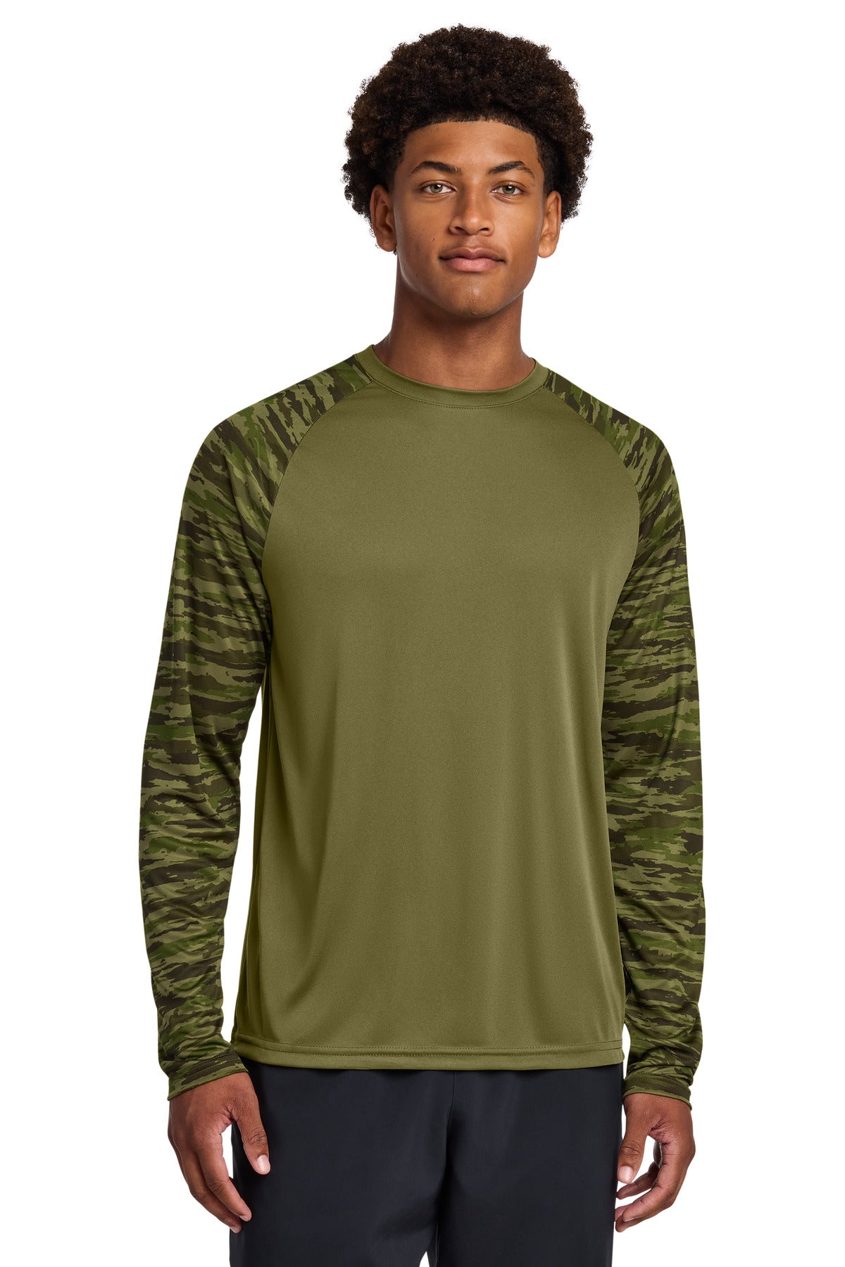 Sport-Tek Drift Camo Colorblock Long Sleeve Tee ST376LS - Olive Drab Green - front