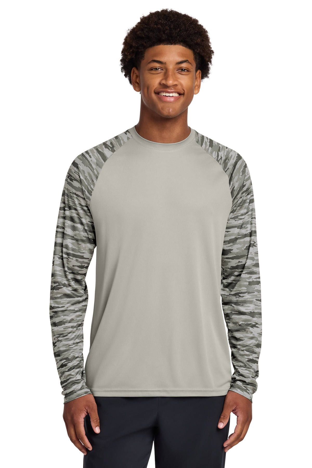 Sport-Tek Drift Camo Colorblock Long Sleeve Tee ST376LS - Silver - front