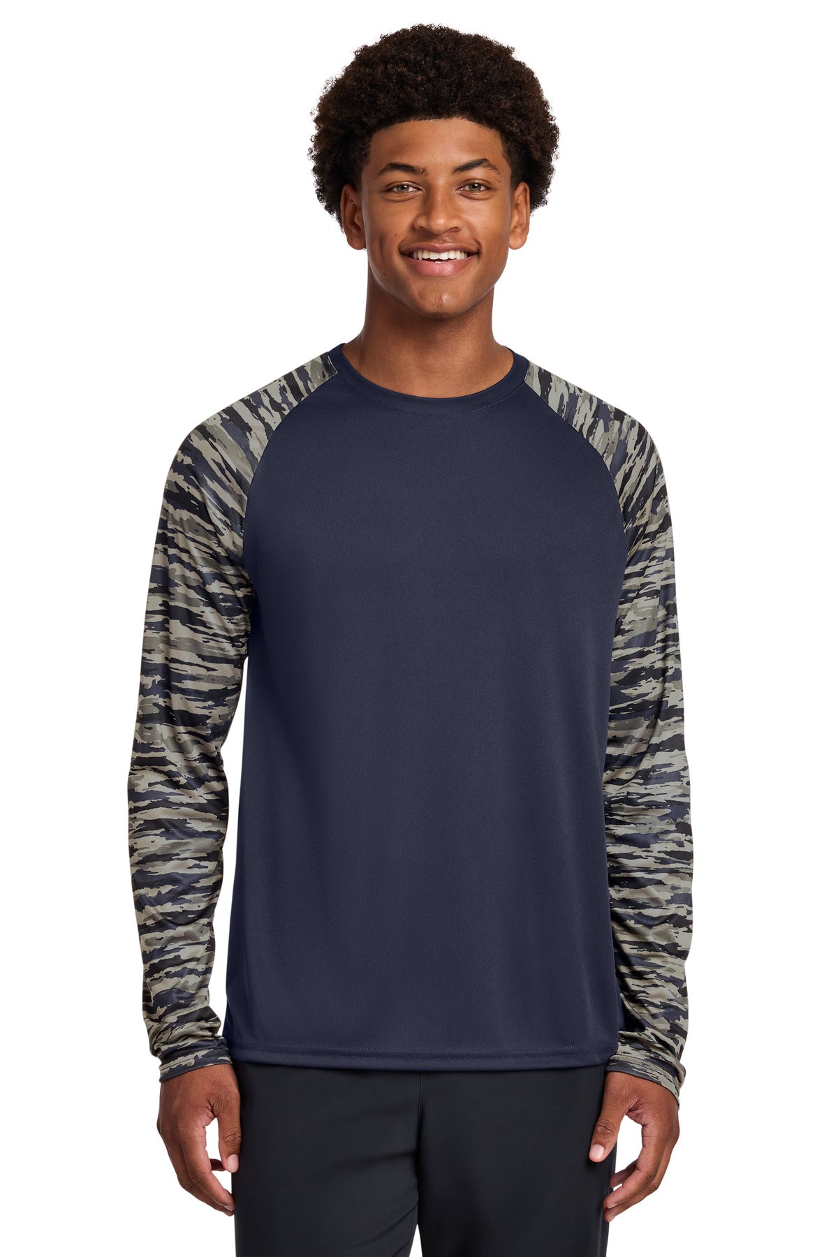 Sport-Tek Drift Camo Colorblock Long Sleeve Tee ST376LS - True Navy - front