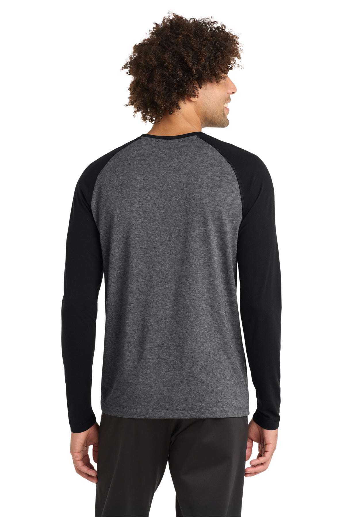Sport-Tek PosiCharge Long Sleeve Tri-Blend Wicking Raglan Tee ST400LS - Black Triad Solid/ Dark Grey Heather - back