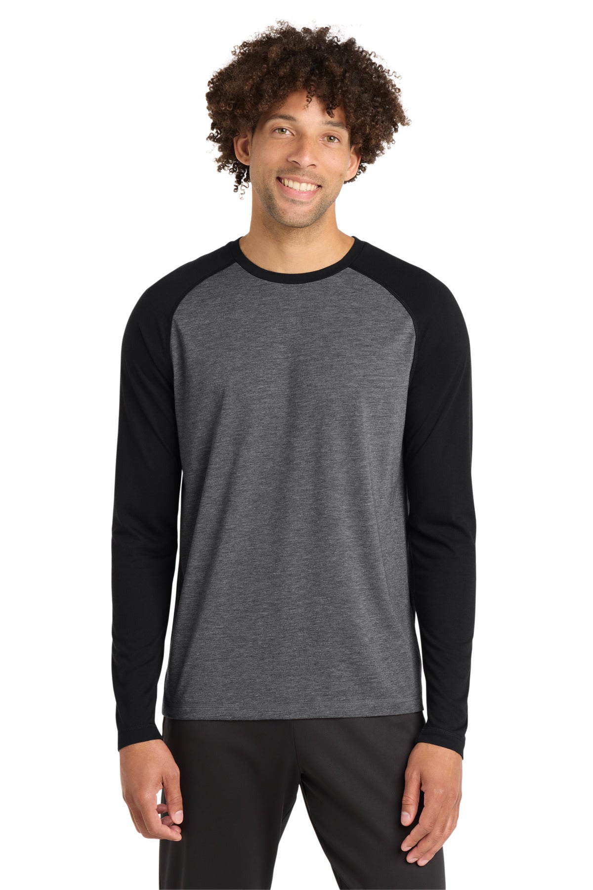 Sport-Tek PosiCharge Long Sleeve Tri-Blend Wicking Raglan Tee ST400LS - Black Triad Solid/ Dark Grey Heather - front