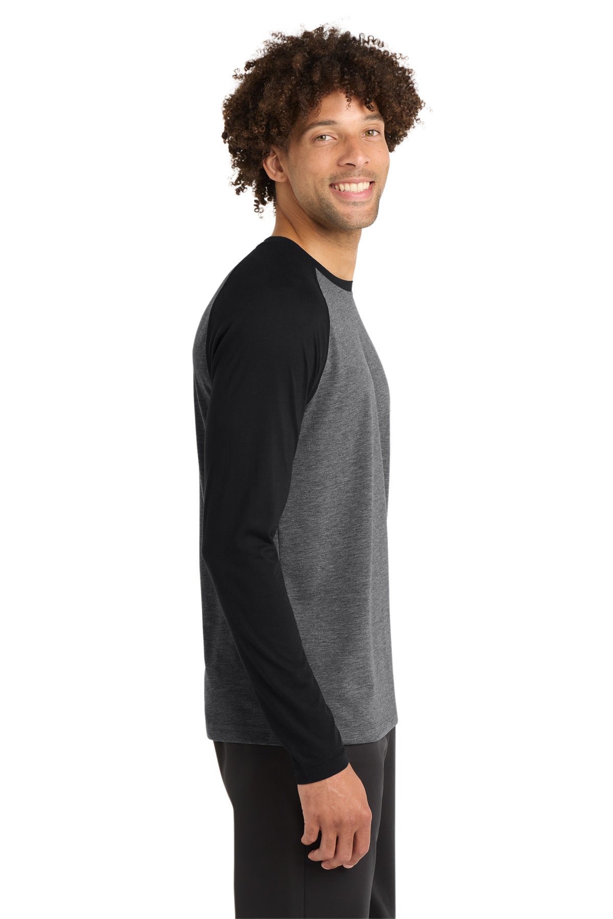 Sport-Tek PosiCharge Long Sleeve Tri-Blend Wicking Raglan Tee ST400LS - Black Triad Solid/ Dark Grey Heather - side