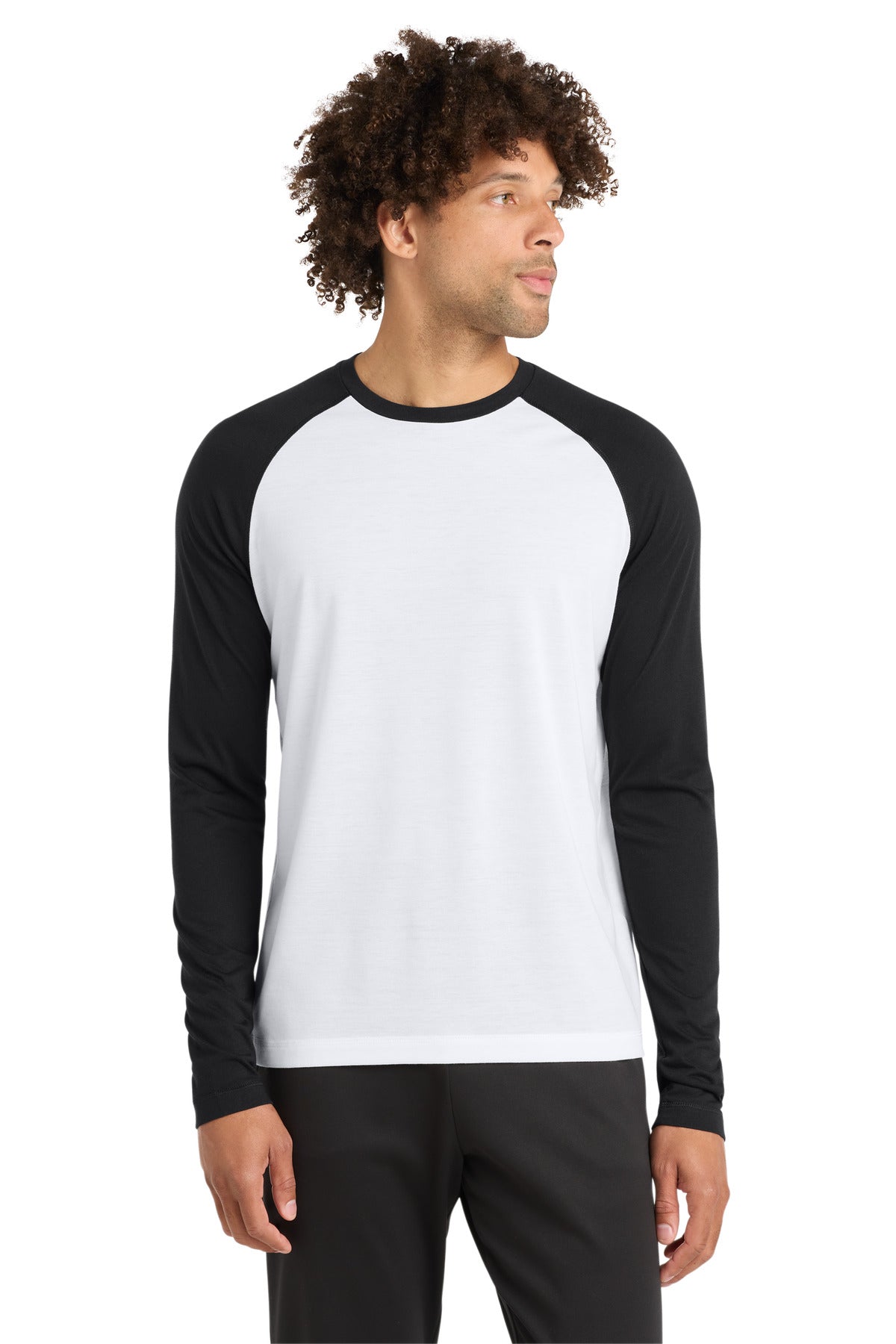 Sport-Tek PosiCharge Long Sleeve Tri-Blend Wicking Raglan Tee ST400LS - Black Triad Solid/ White Triad Solid - front