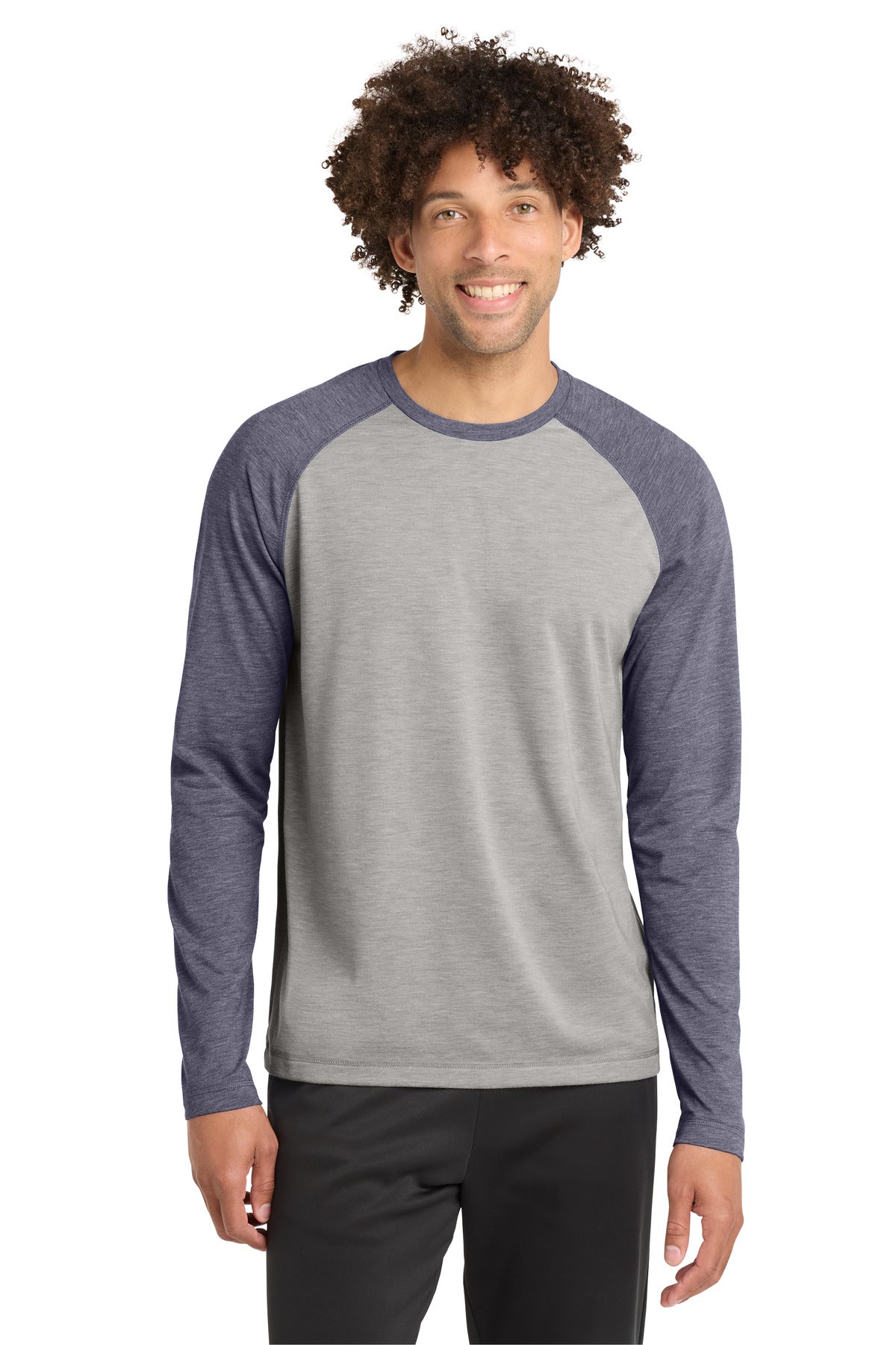 Sport-Tek PosiCharge Long Sleeve Tri-Blend Wicking Raglan Tee ST400LS - True Navy Heather/ Light Grey Heather - front