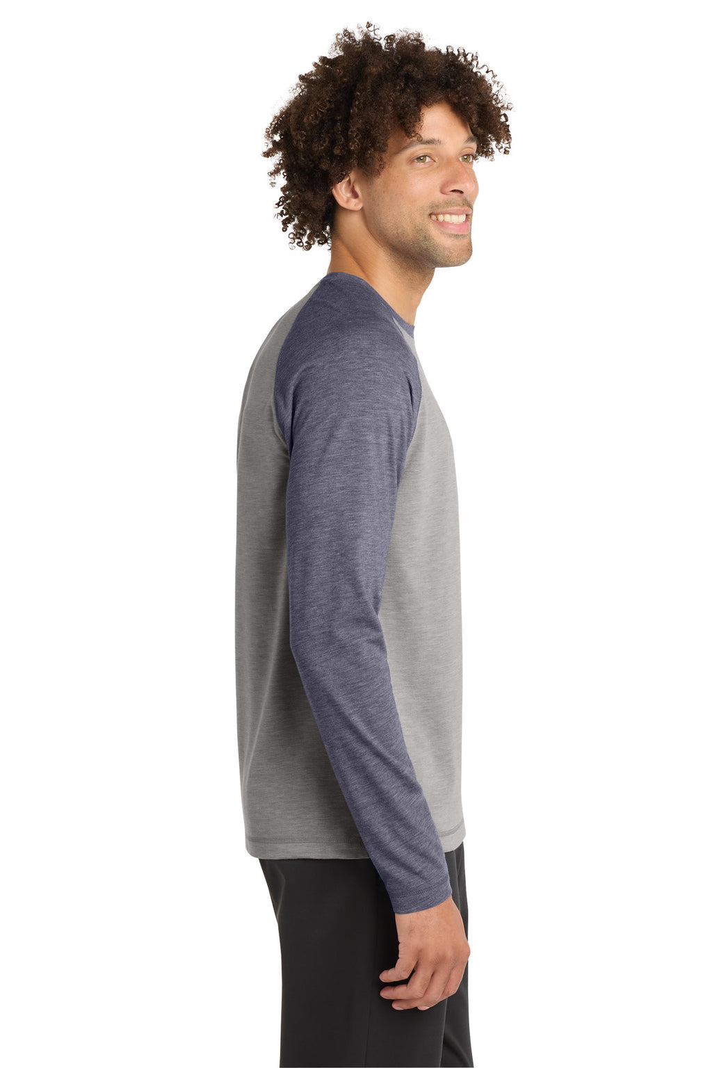 Sport-Tek PosiCharge Long Sleeve Tri-Blend Wicking Raglan Tee ST400LS - True Navy Heather/ Light Grey Heather - side