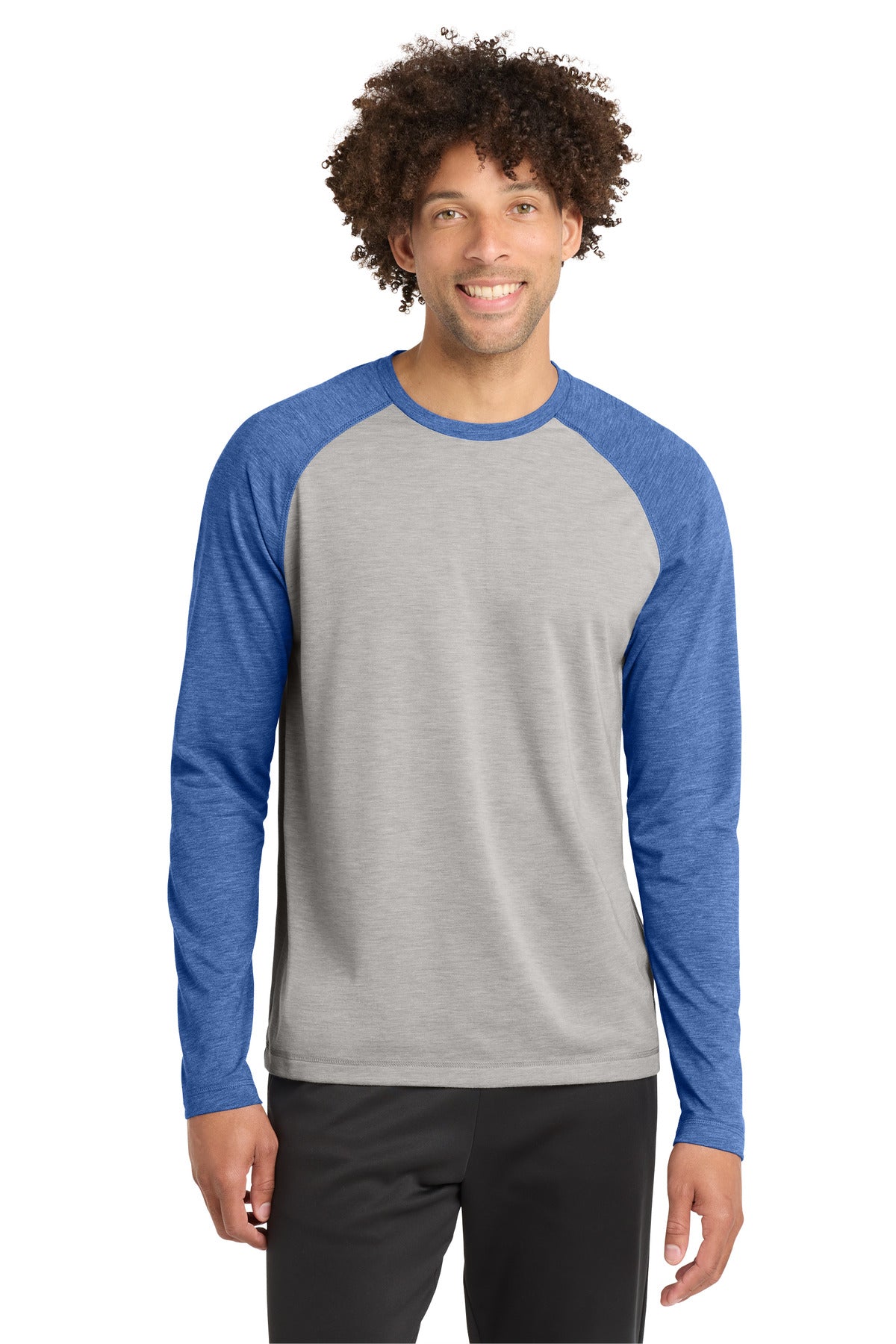 Sport-Tek PosiCharge Long Sleeve Tri-Blend Wicking Raglan Tee ST400LS - True Royal Heather/ Light Grey Heather - front