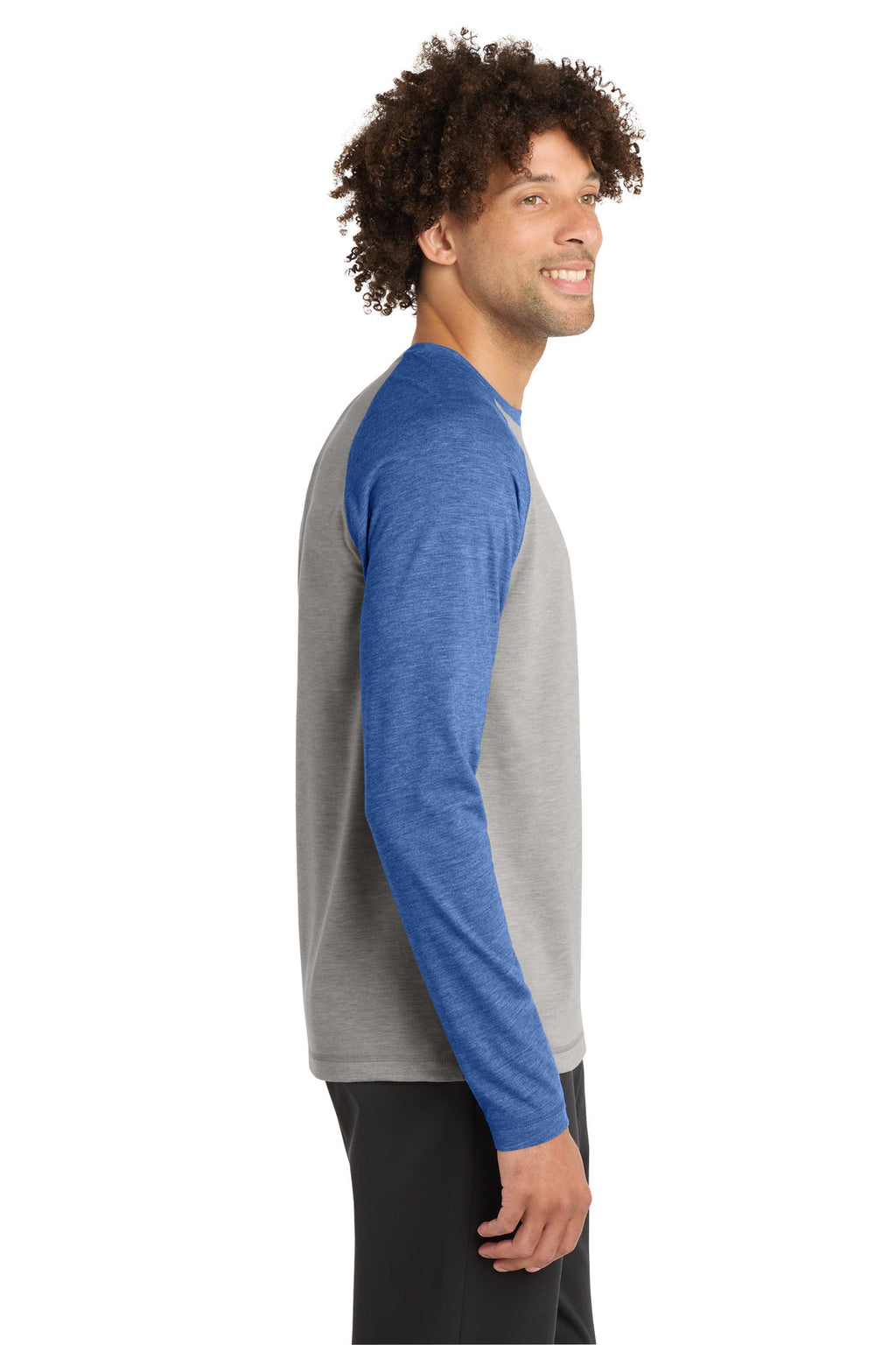 Sport-Tek PosiCharge Long Sleeve Tri-Blend Wicking Raglan Tee ST400LS - True Royal Heather/ Light Grey Heather - side