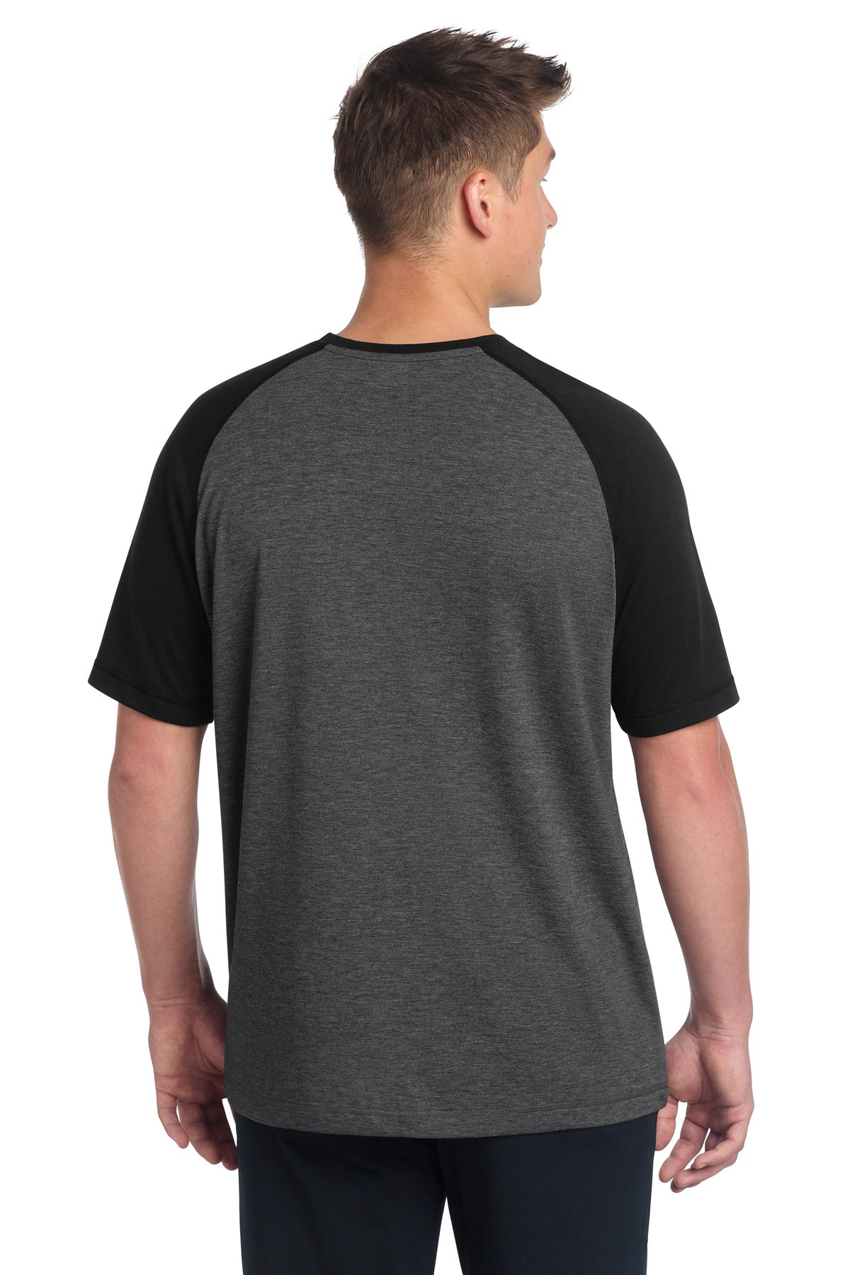 Sport-Tek PosiCharge Tri-Blend Wicking Raglan Tee. ST400 - Black Triad Solid/ Dark Grey Heather - back