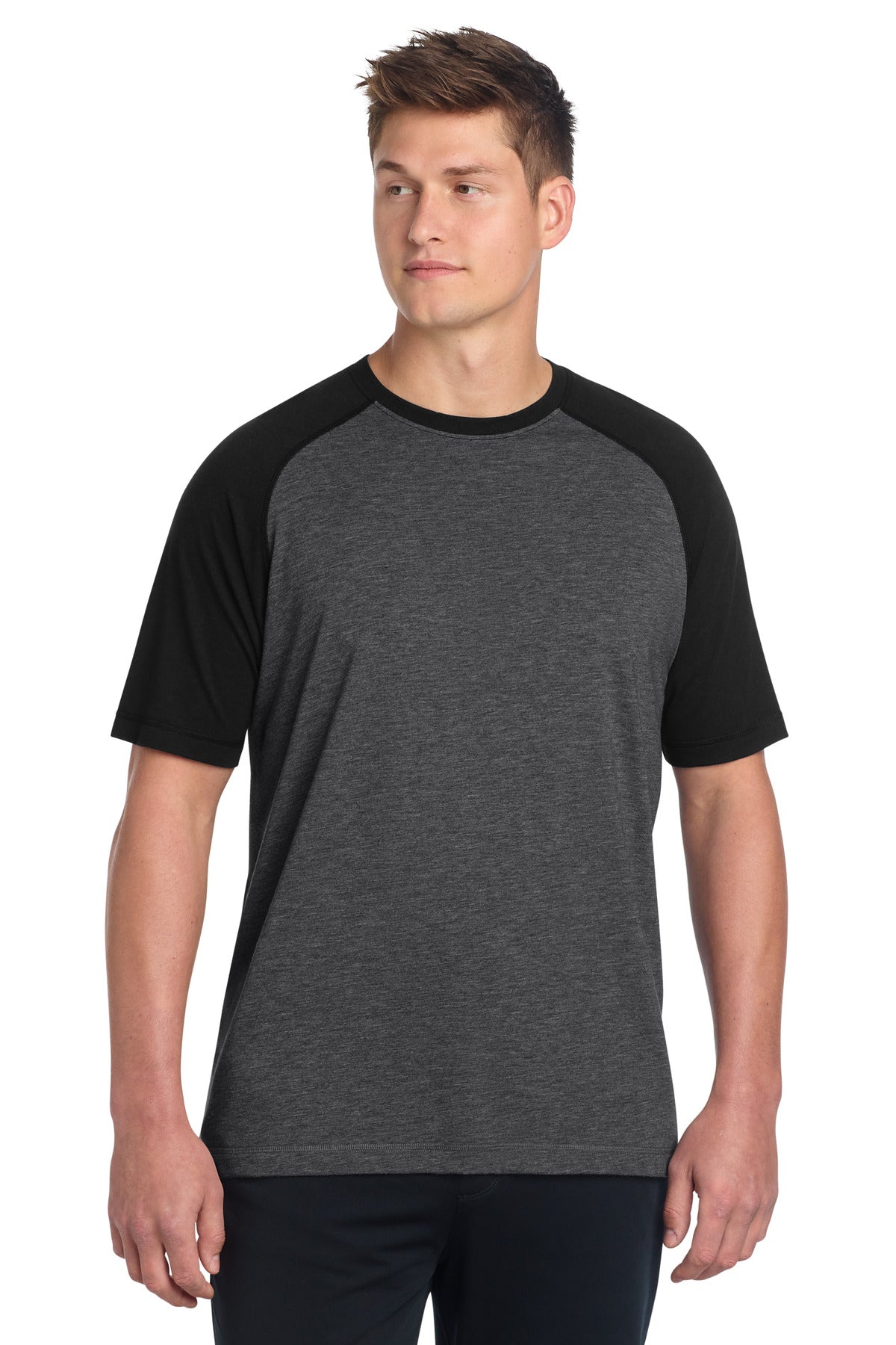 Sport-Tek PosiCharge Tri-Blend Wicking Raglan Tee. ST400 - Black Triad Solid/ Dark Grey Heather - front