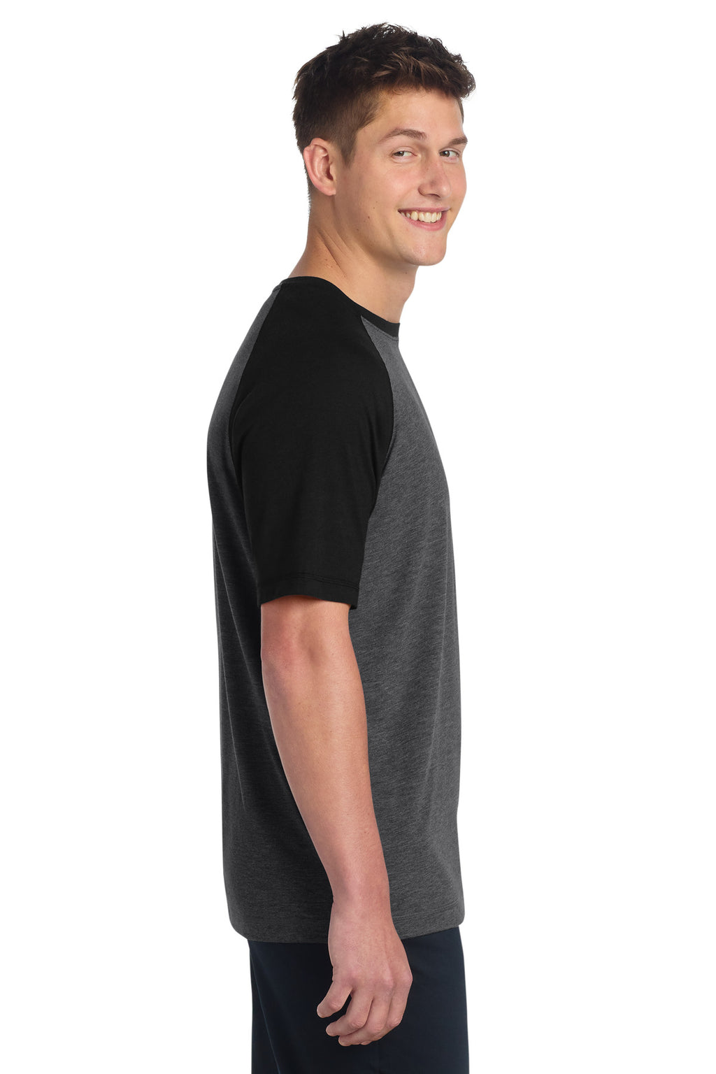 Sport-Tek PosiCharge Tri-Blend Wicking Raglan Tee. ST400 - Black Triad Solid/ Dark Grey Heather - side