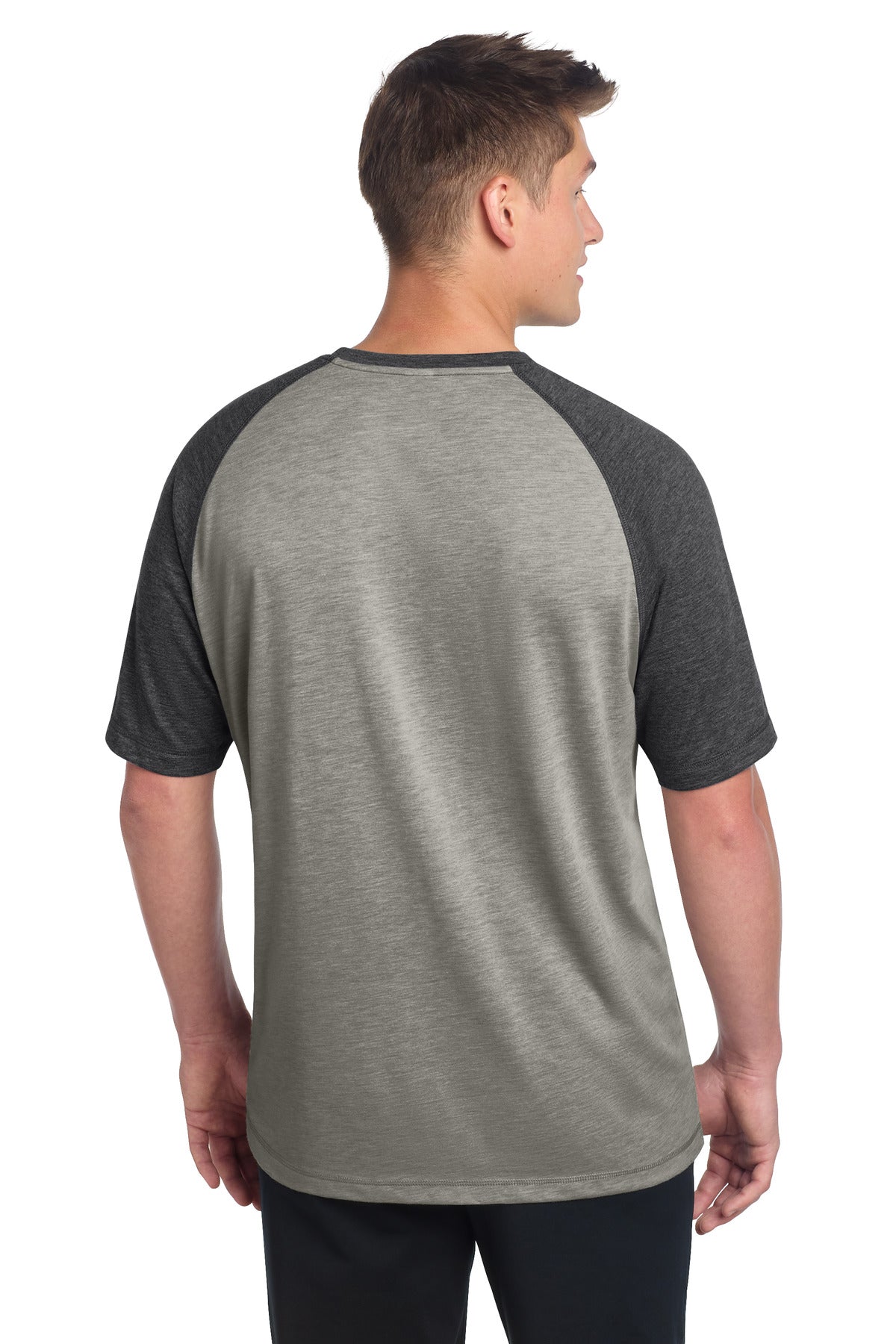 Sport-Tek PosiCharge Tri-Blend Wicking Raglan Tee. ST400 - Dark Grey Heather/ Light Grey Heather - back