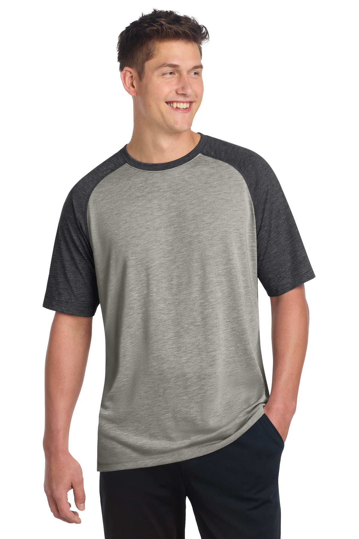 Sport-Tek PosiCharge Tri-Blend Wicking Raglan Tee. ST400 - Dark Grey Heather/ Light Grey Heather - front