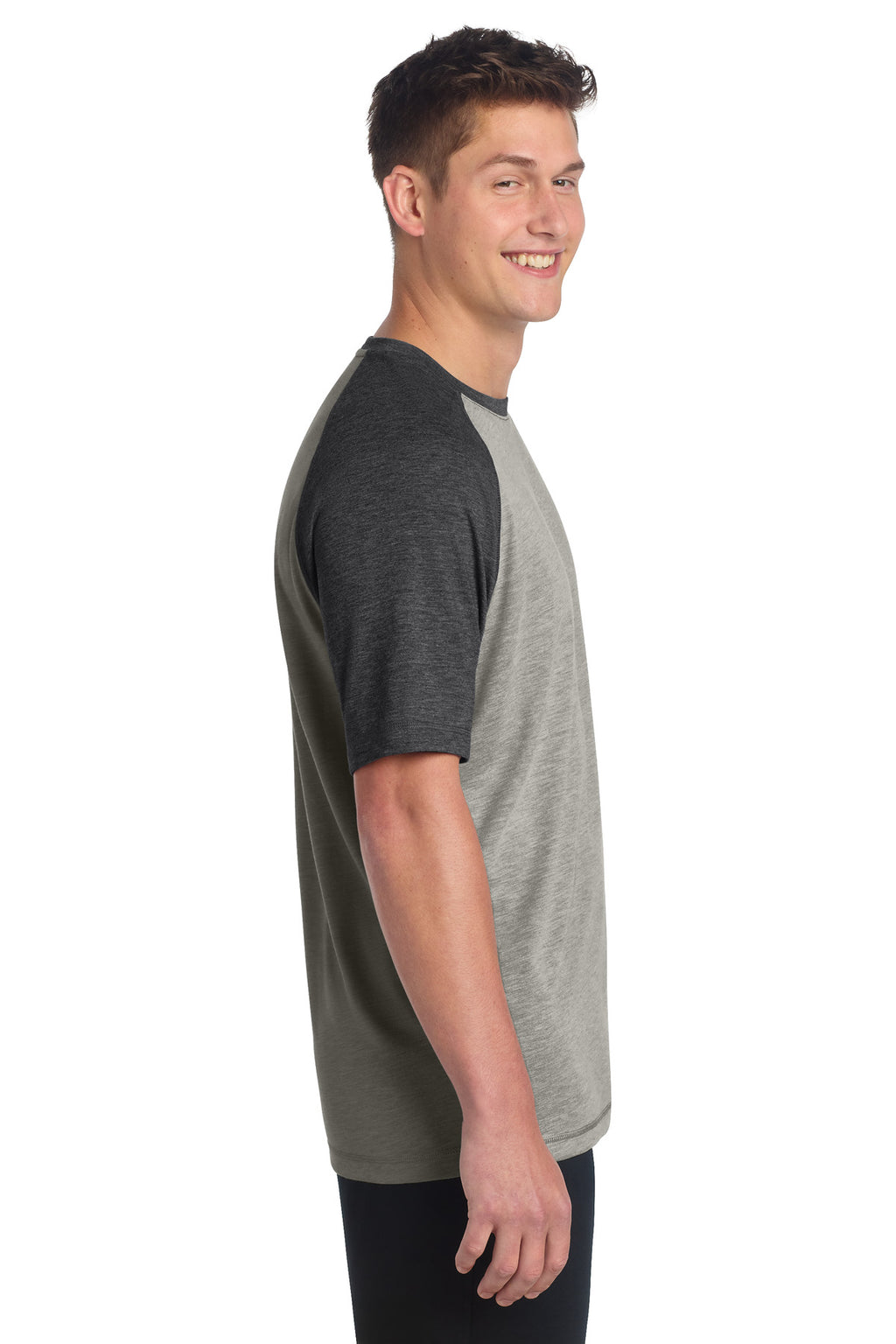 Sport-Tek PosiCharge Tri-Blend Wicking Raglan Tee. ST400 - Dark Grey Heather/ Light Grey Heather - side