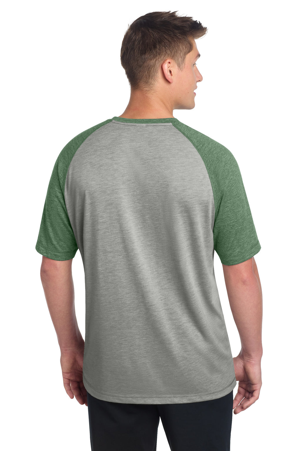 Sport-Tek PosiCharge Tri-Blend Wicking Raglan Tee. ST400 - Forest Green Heather/ Light Grey Heather - back