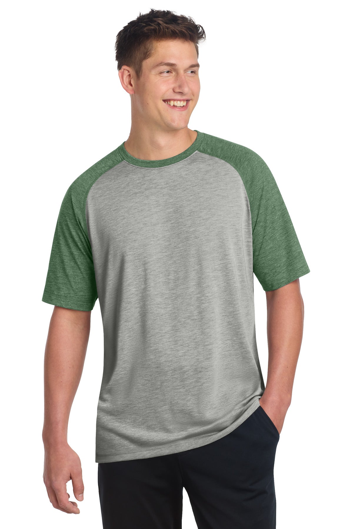 Sport-Tek PosiCharge Tri-Blend Wicking Raglan Tee. ST400 - Forest Green Heather/ Light Grey Heather - front