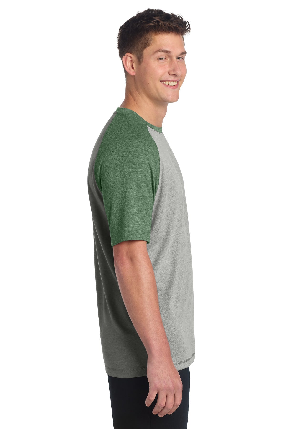 Sport-Tek PosiCharge Tri-Blend Wicking Raglan Tee. ST400 - Forest Green Heather/ Light Grey Heather - side