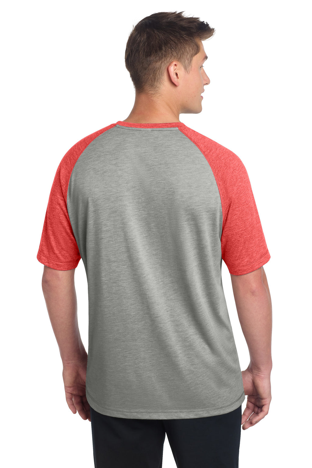 Sport-Tek PosiCharge Tri-Blend Wicking Raglan Tee. ST400 - True Red Heather/ Light Grey Heather - back