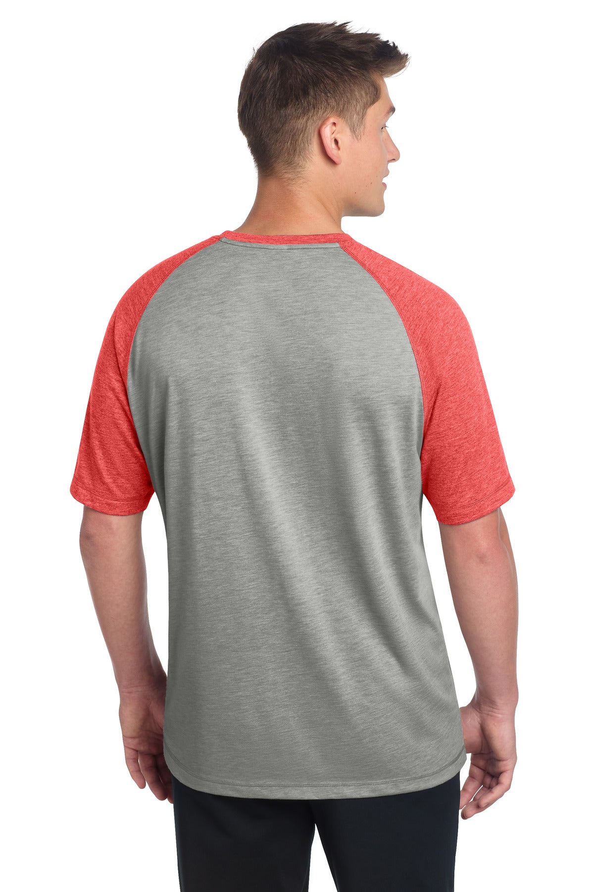 Sport-Tek PosiCharge Tri-Blend Wicking Raglan Tee. ST400 - True Red Heather/ Light Grey Heather - back