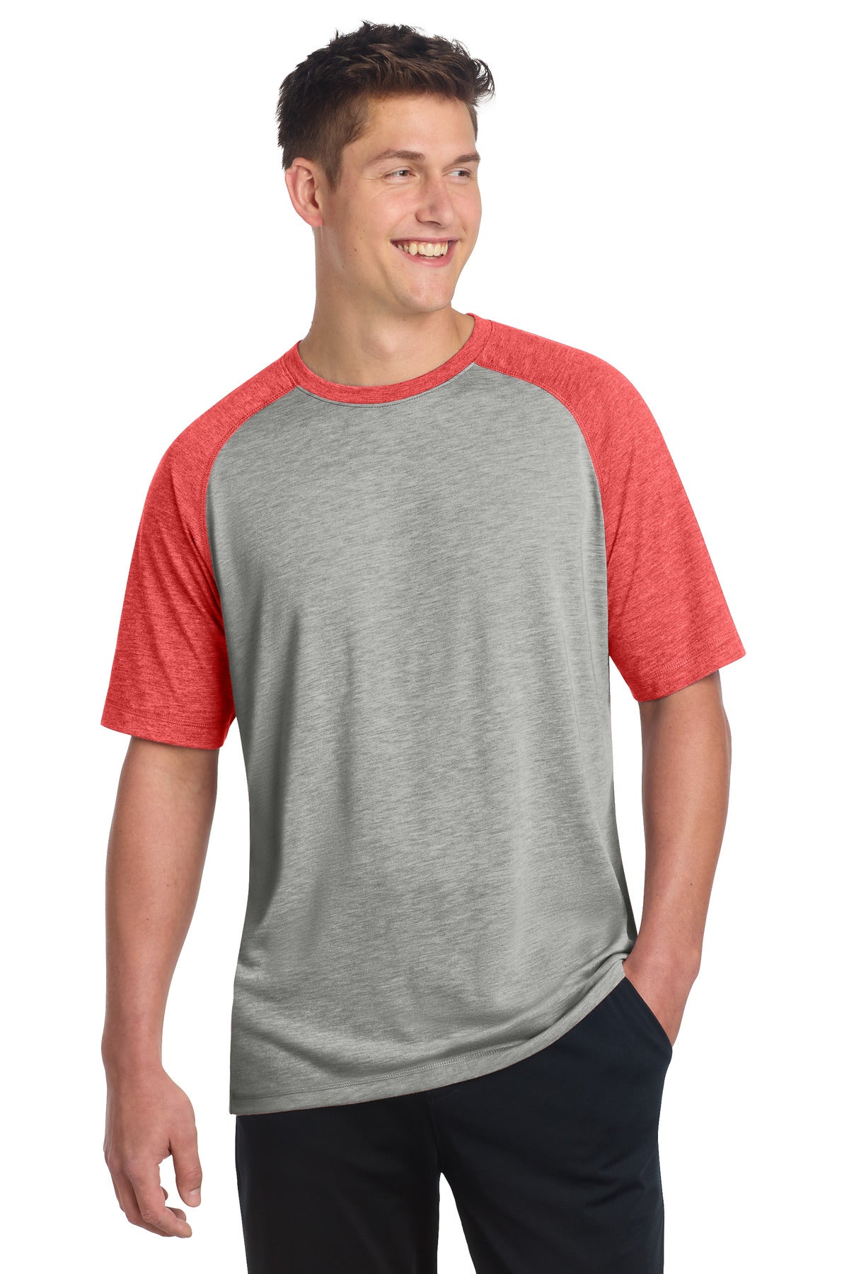 Sport-Tek PosiCharge Tri-Blend Wicking Raglan Tee. ST400 - True Red Heather/ Light Grey Heather - front