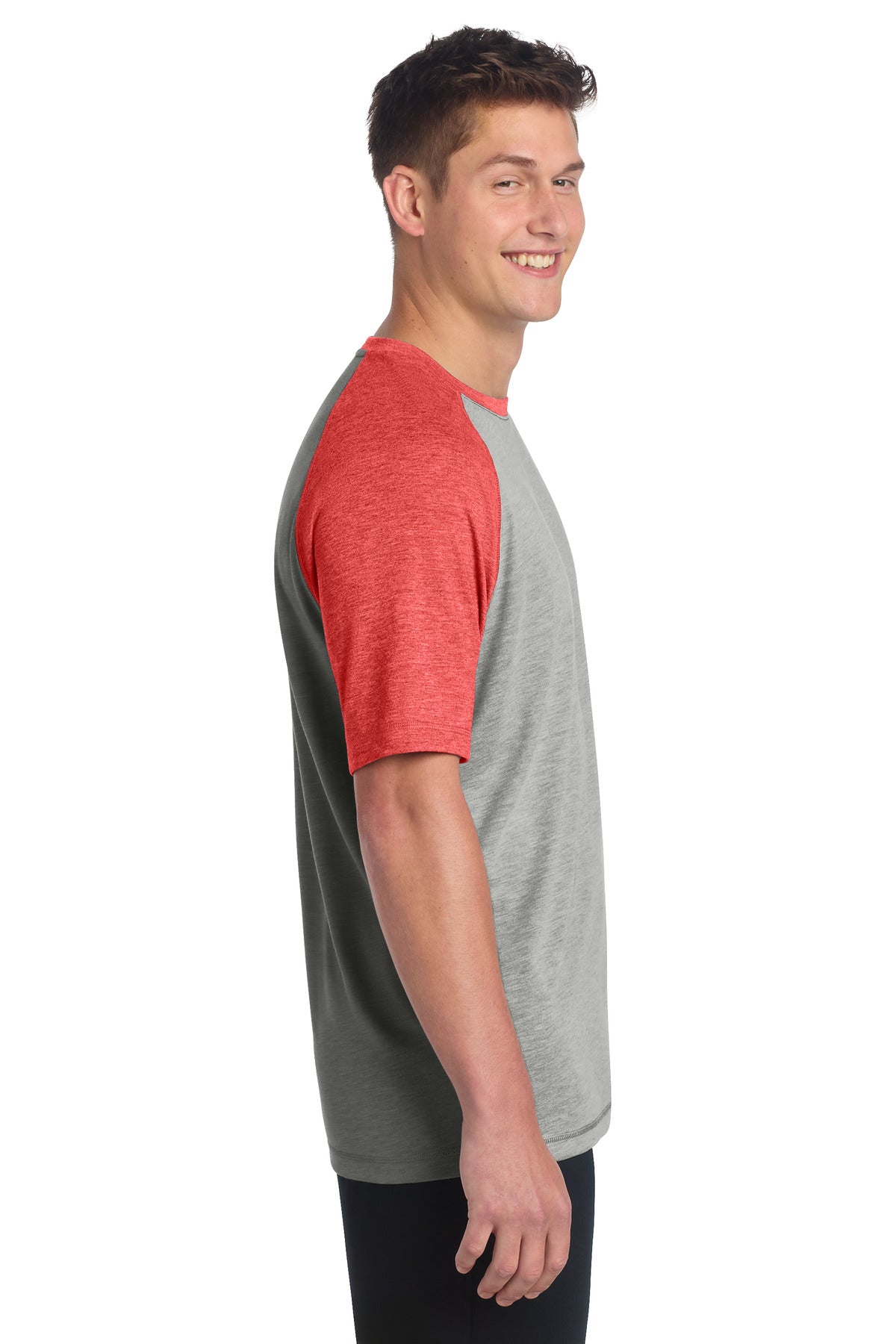 Sport-Tek PosiCharge Tri-Blend Wicking Raglan Tee. ST400 - True Red Heather/ Light Grey Heather - side