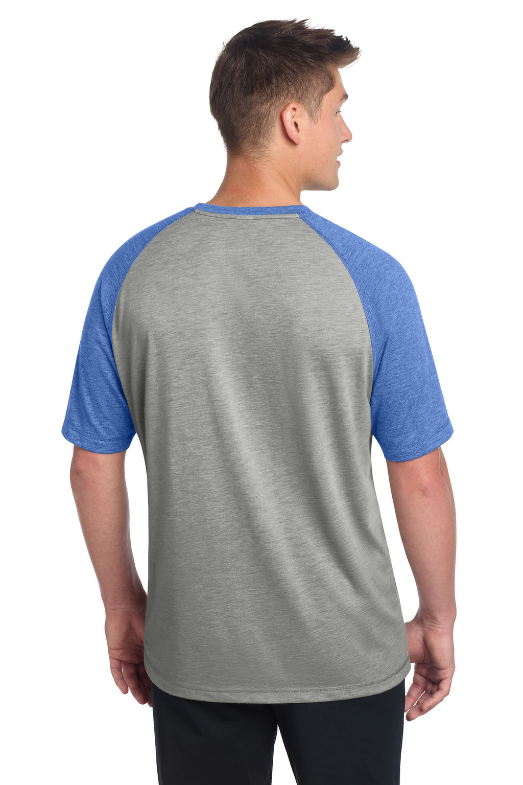 Sport-Tek PosiCharge Tri-Blend Wicking Raglan Tee. ST400 - True Royal Heather/ Light Grey Heather - back