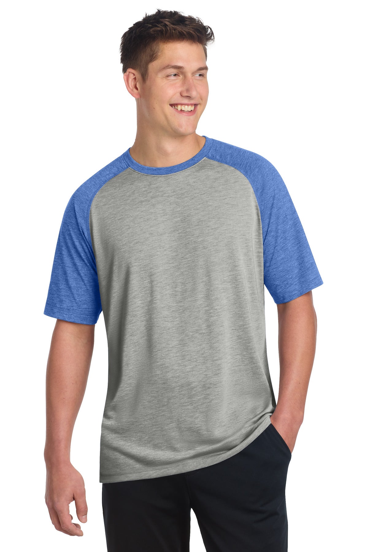 Sport-Tek PosiCharge Tri-Blend Wicking Raglan Tee. ST400 - True Royal Heather/ Light Grey Heather - front