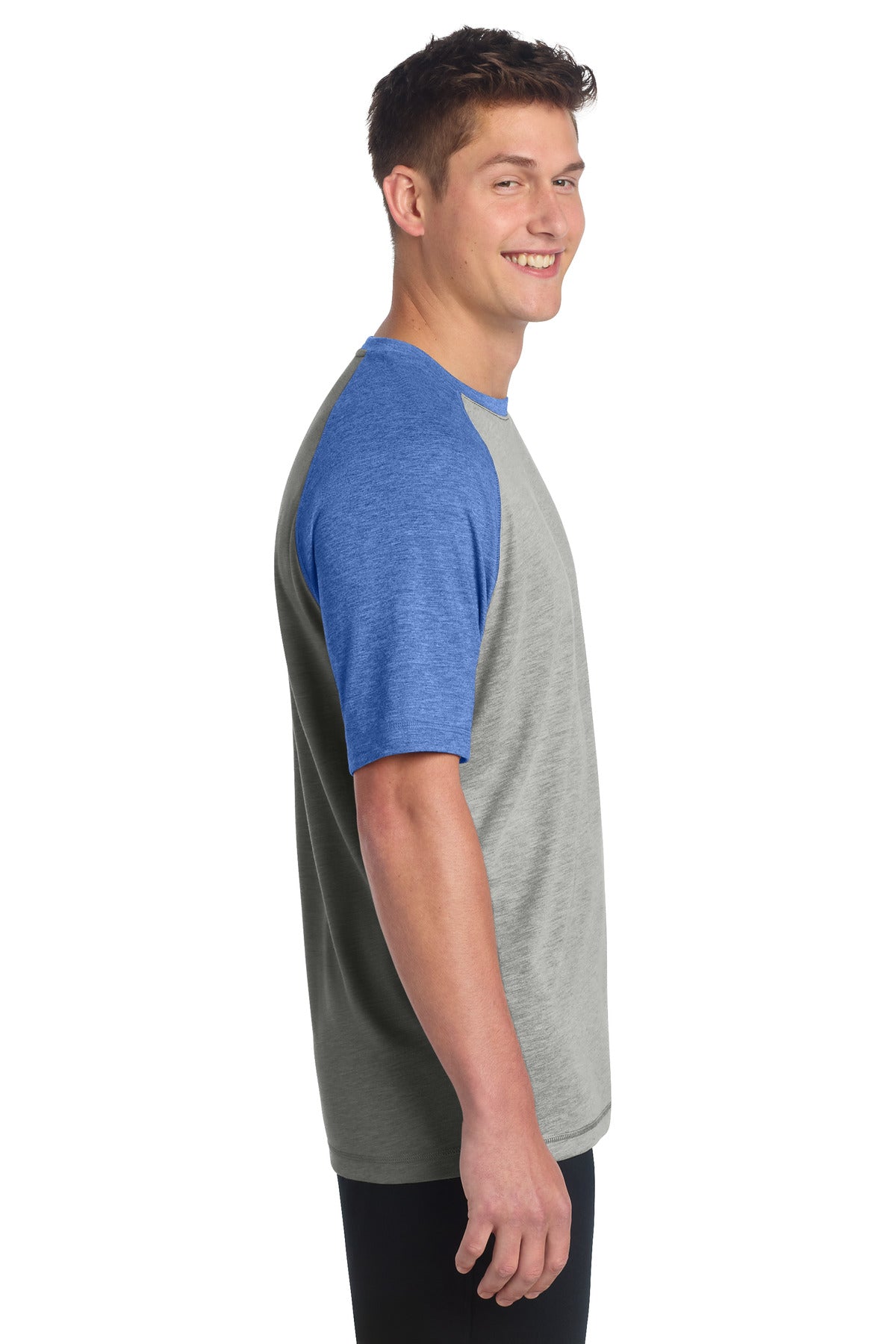 Sport-Tek PosiCharge Tri-Blend Wicking Raglan Tee. ST400 - True Royal Heather/ Light Grey Heather - side