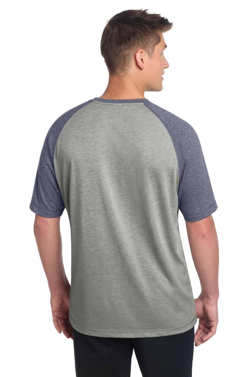 Sport-Tek PosiCharge Tri-Blend Wicking Raglan Tee. ST400 - True Navy Heather/ Light Grey Heather - back