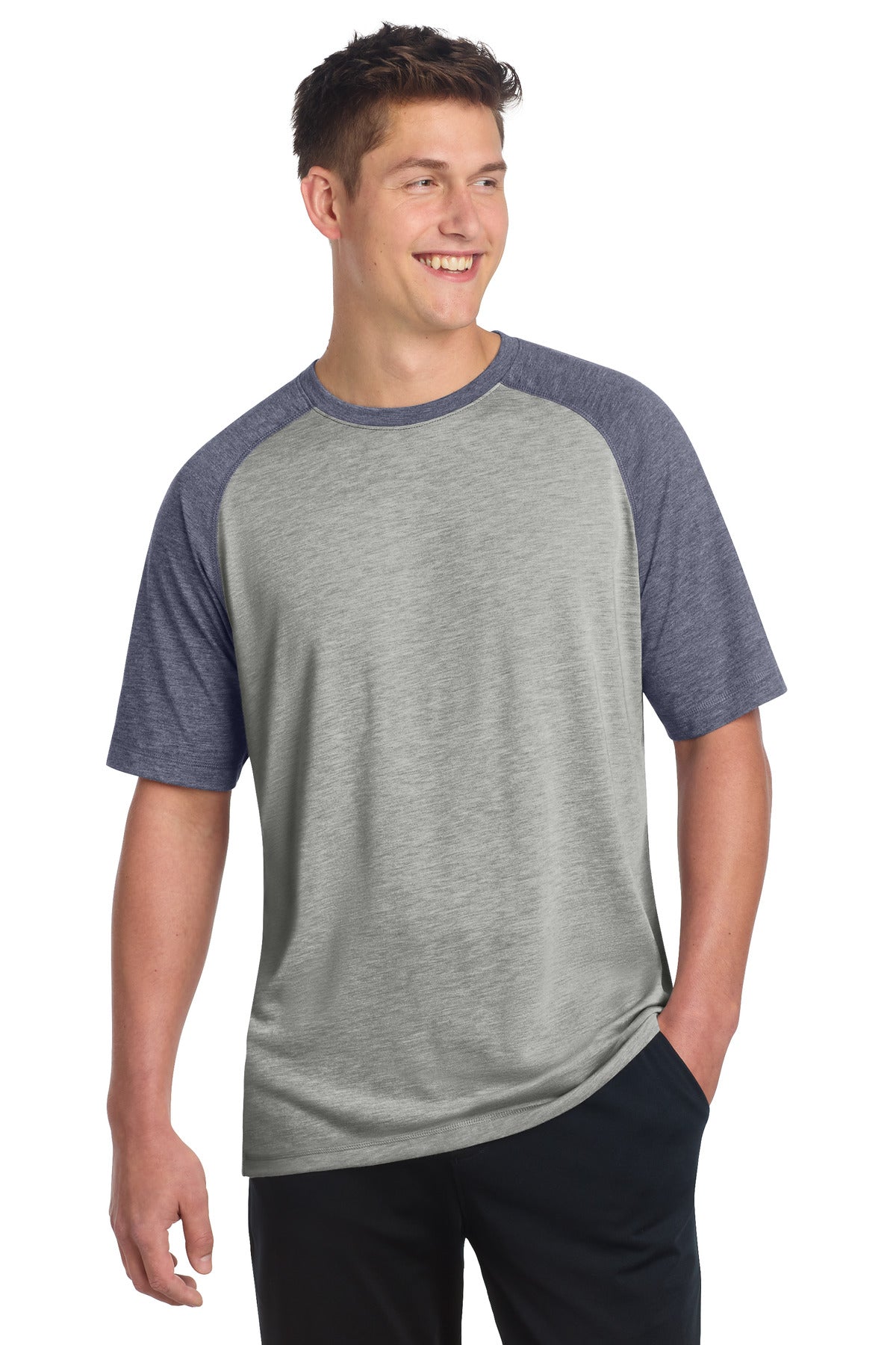 Sport-Tek PosiCharge Tri-Blend Wicking Raglan Tee. ST400 - True Navy Heather/ Light Grey Heather - front